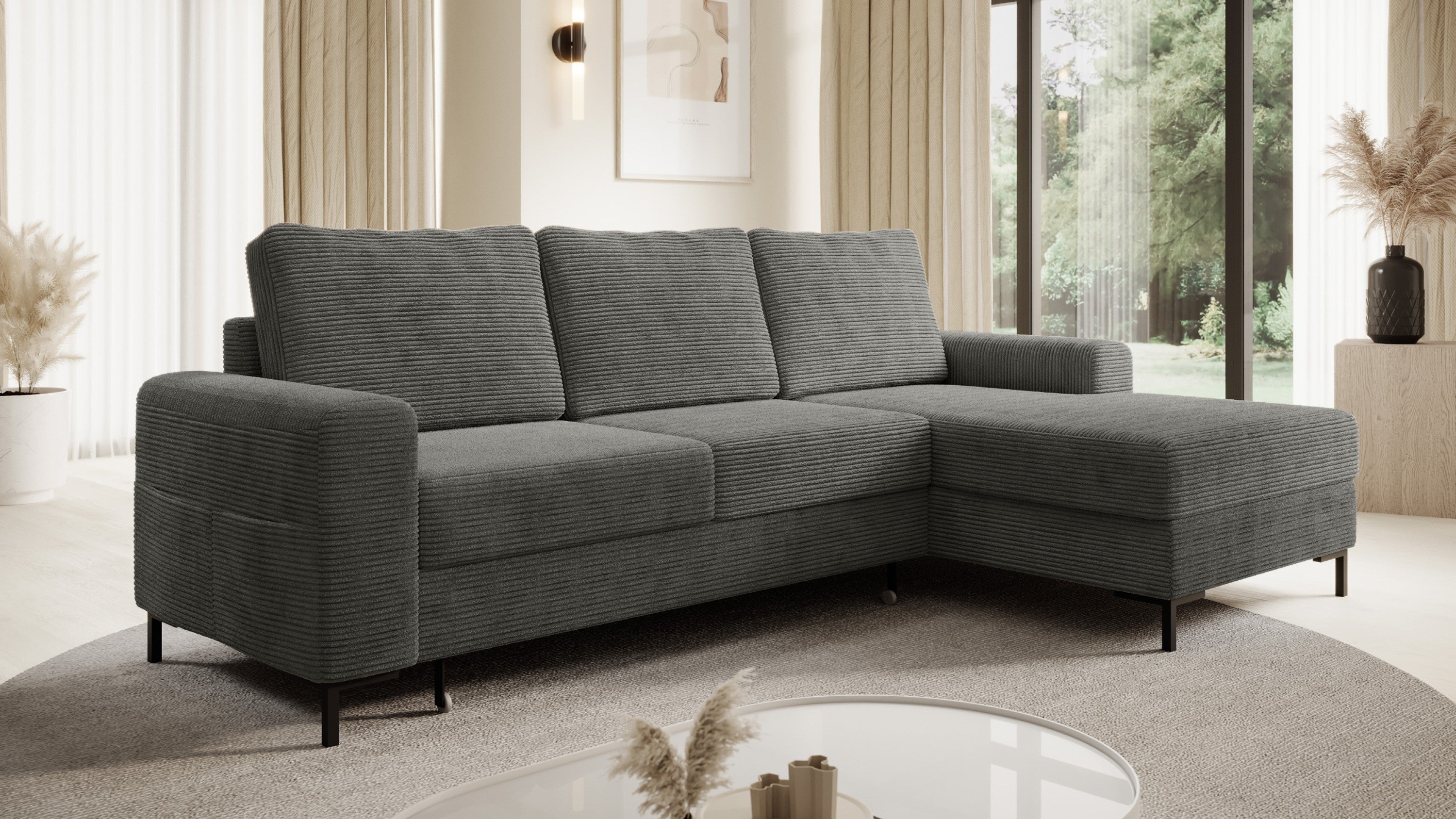 Ecksofa OSAKA Cord Anthrazit mit Bettfunktion und Bettkasten Ottomane rechts - Interbed