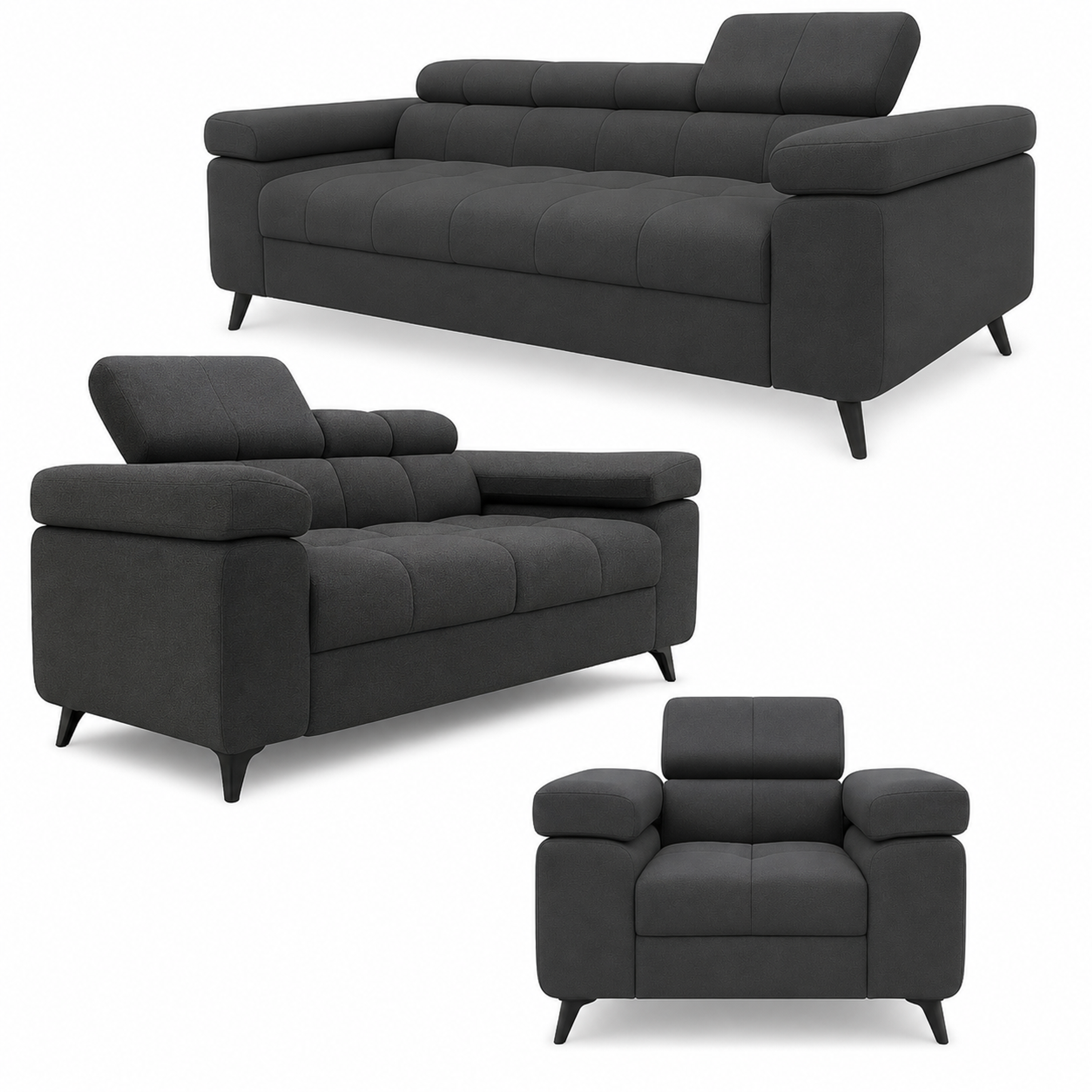 Exklusives Sofa-Set Utah Anthrazit Samt | 3-Sitzer mit Bettfunktion, 2-Sitzer & Sessel | Verstellbare Kopfstützen