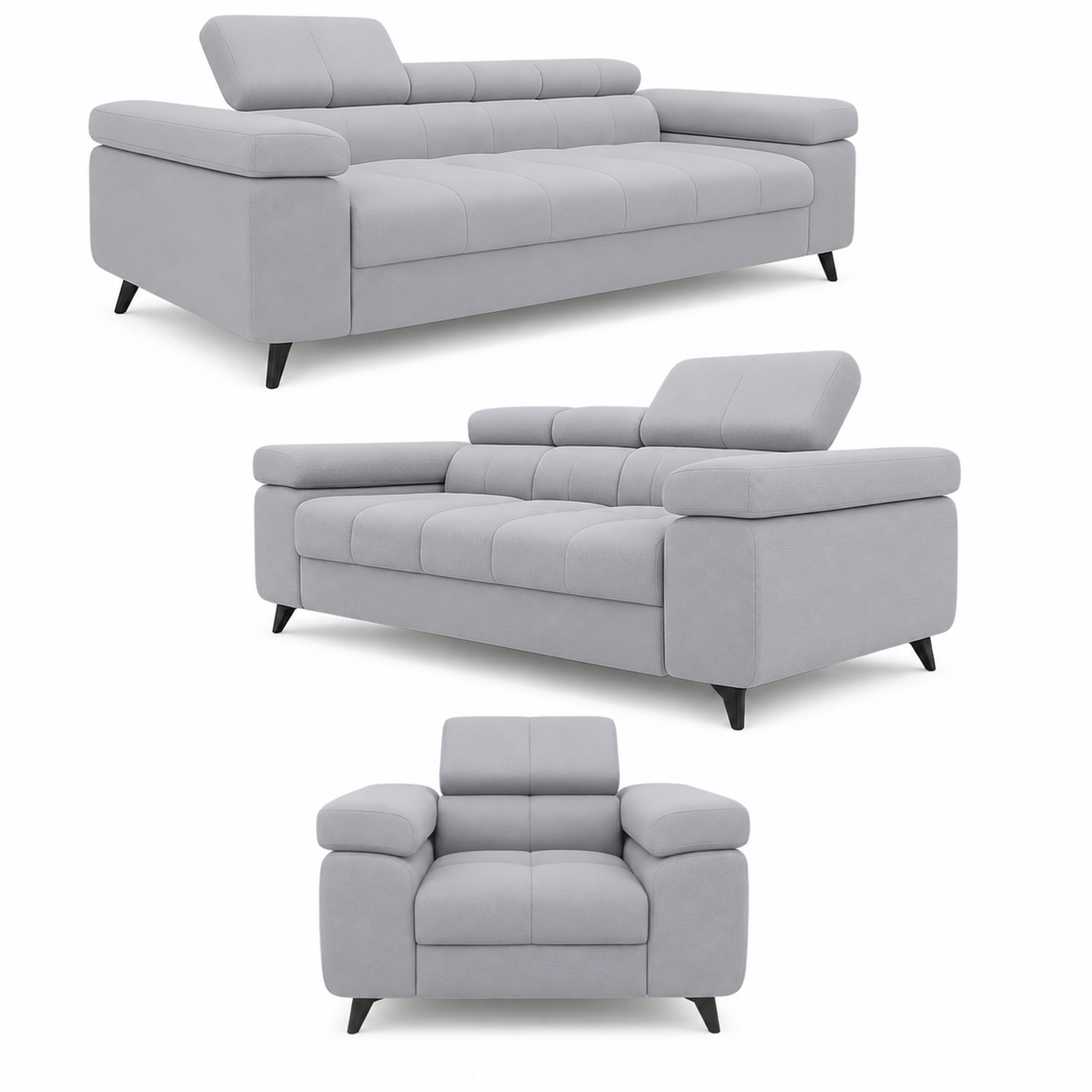 Exklusives Sofa-Set Utah Silbergrau Samt | 3-Sitzer mit Bettfunktion, 2-Sitzer & Sessel | Verstellbare Kopfstützen