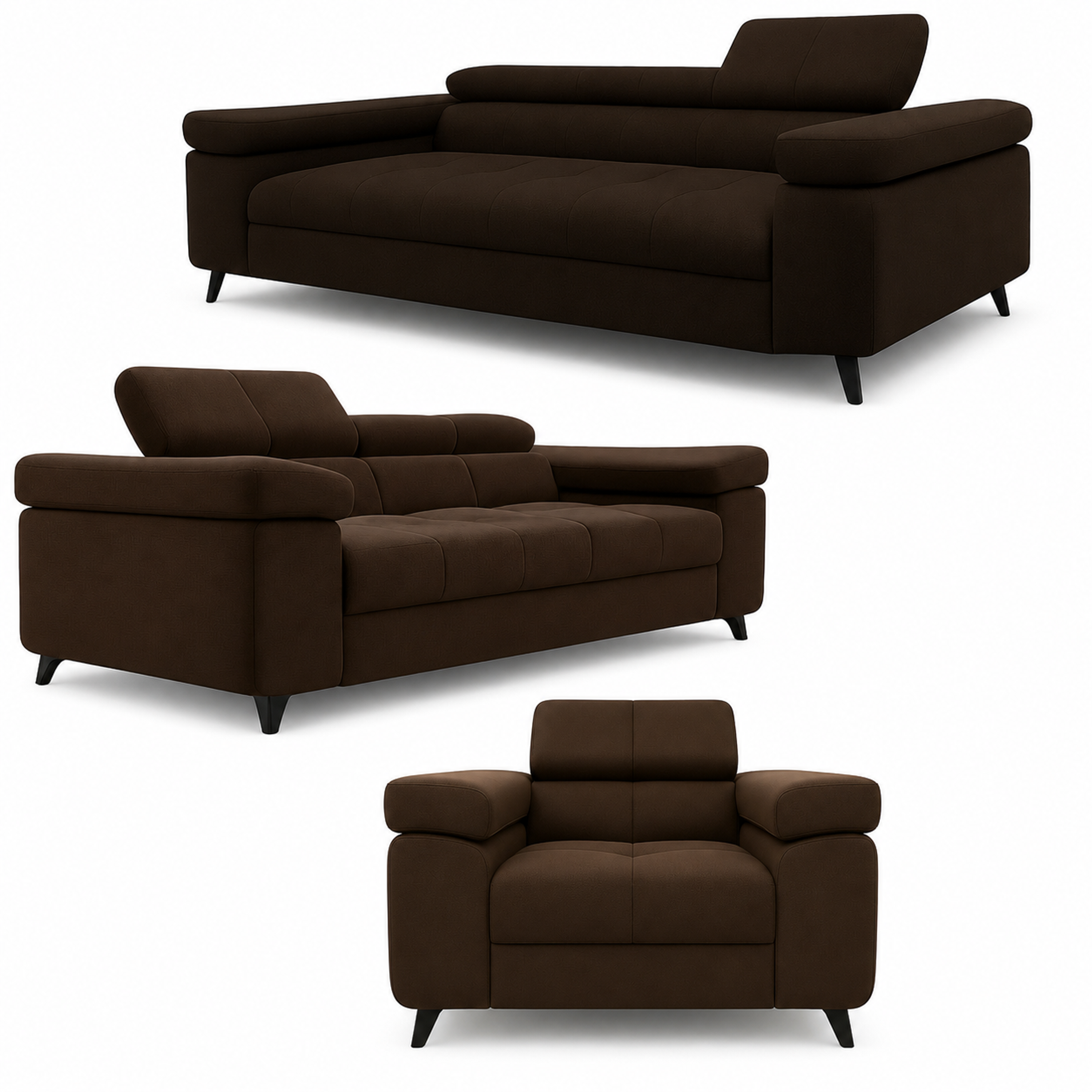 Exklusives Sofa-Set Utah Braun Samt | 3-Sitzer mit Bettfunktion, 2-Sitzer & Sessel | Verstellbare Kopfstützen