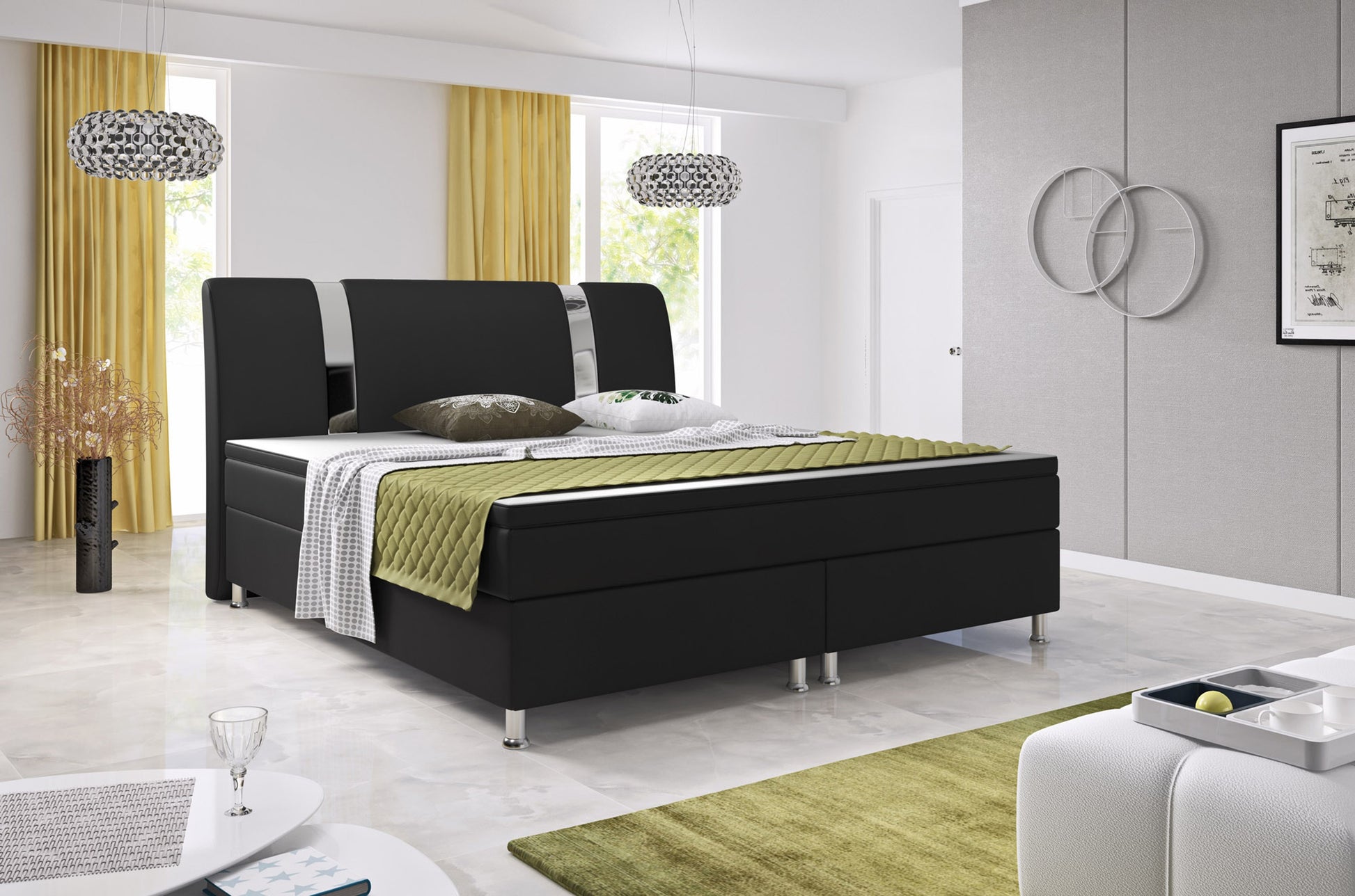 Boxspringbett Riva 180x200 cm – Kunstleder Schwarz mit Bonell-Federkern & Topper - Interbed