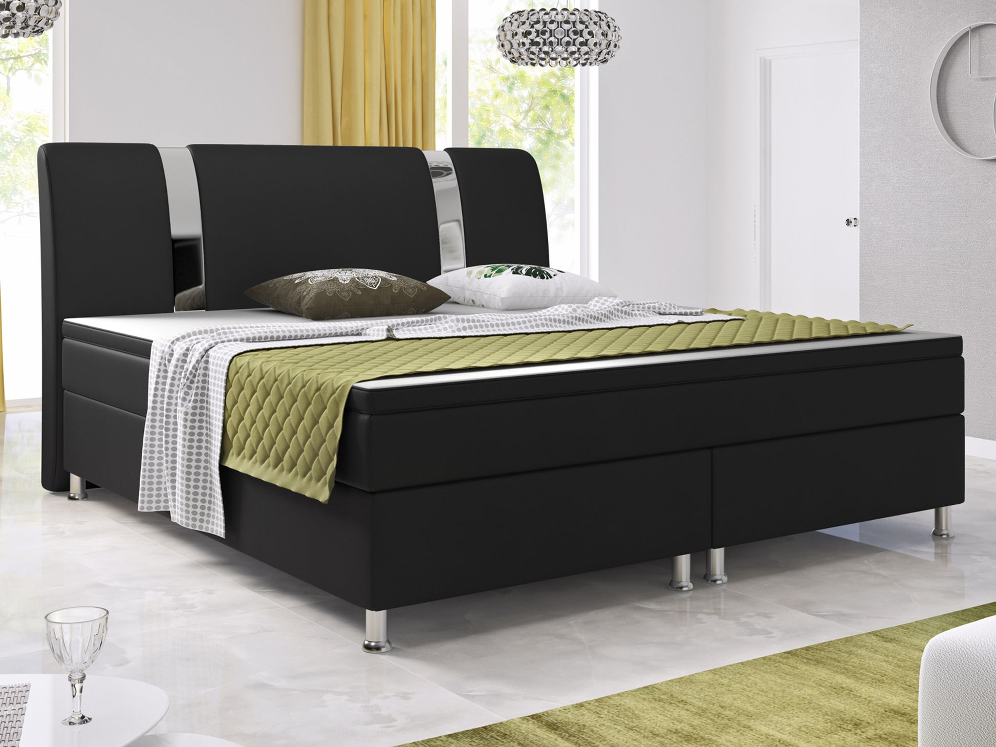 Boxspringbett Riva 180x200 cm – Kunstleder Schwarz mit Bonell-Federkern & Topper - Interbed