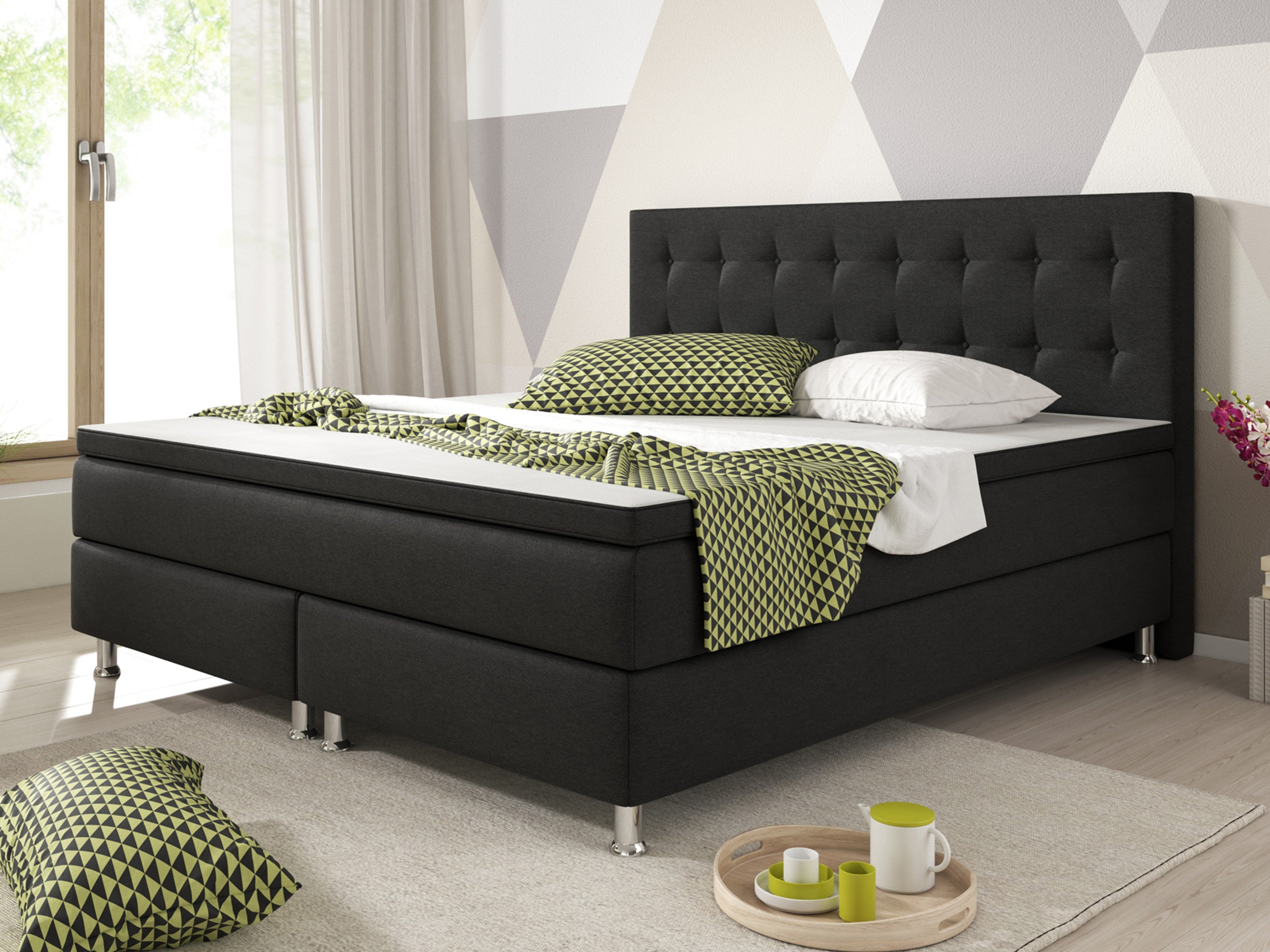 Boxspringbett KN001 180x200 cm Webstoff Schwarz – PU-Topper & Bonell-Federkern (H3) - Interbed