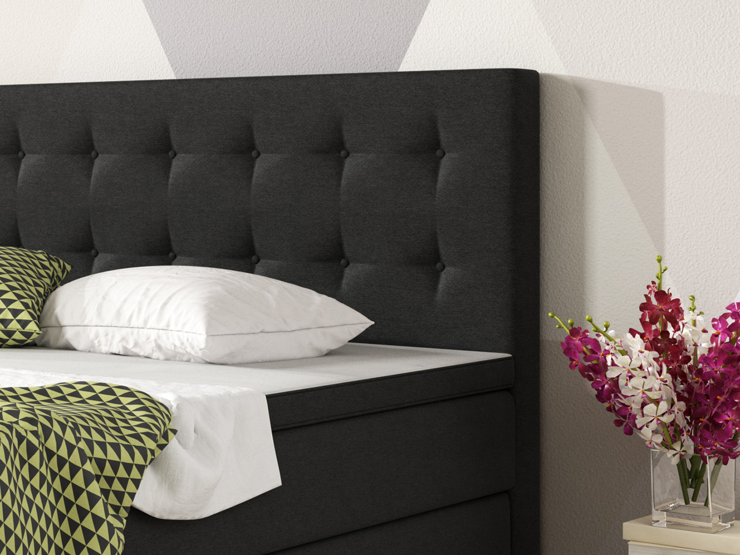 Boxspringbett KN001 180x200 cm Webstoff Schwarz – PU-Topper & Bonell-Federkern (H3) - Interbed