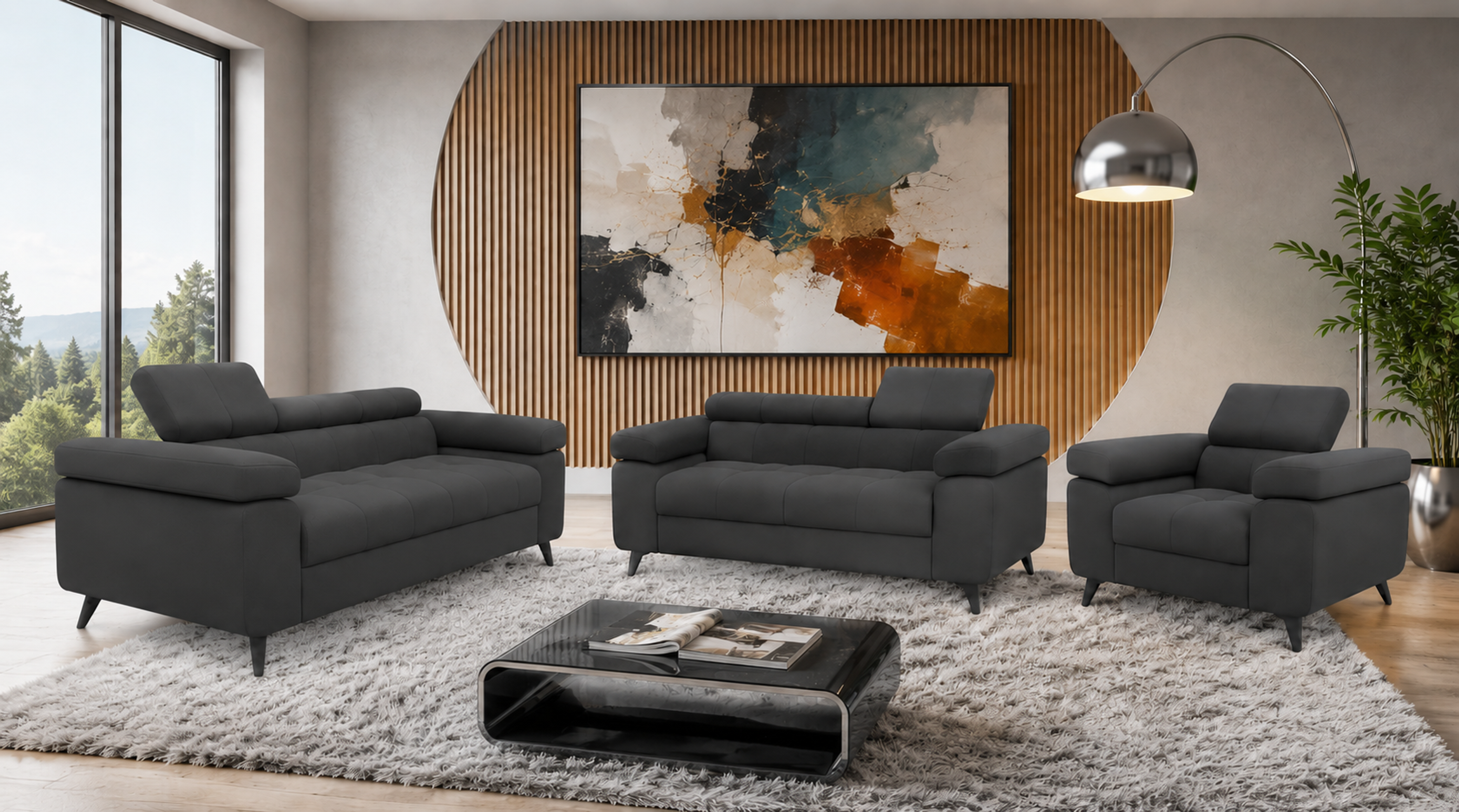 Exklusives Sofa-Set Utah Anthrazit Samt | 3-Sitzer mit Bettfunktion, 2-Sitzer & Sessel | Verstellbare Kopfstützen