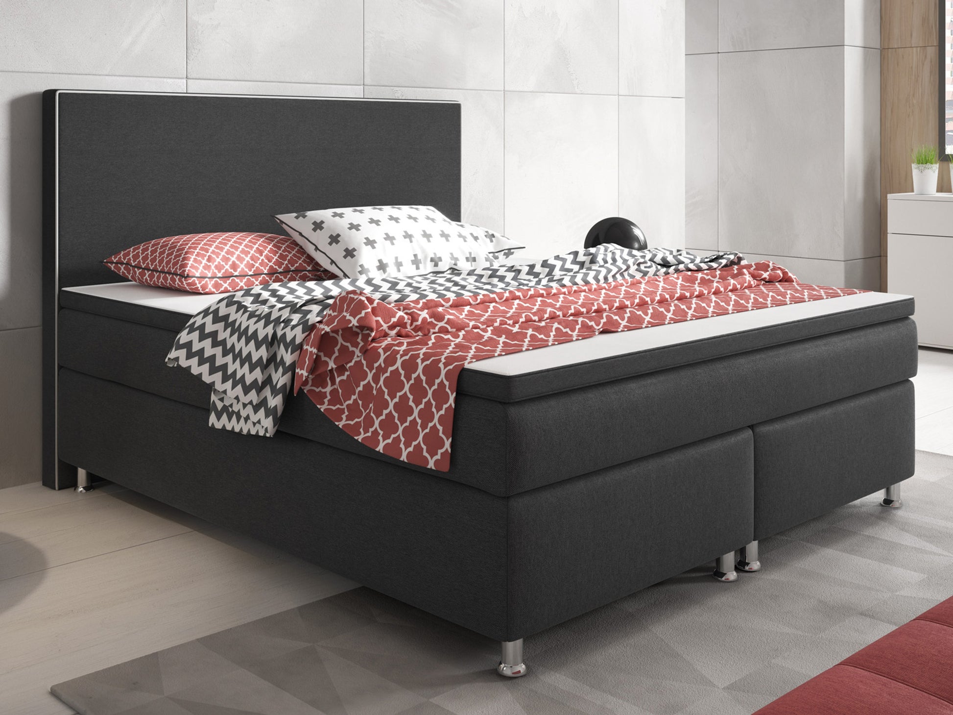 Boxspringbett K003 180x200 cm Anthrazit – Webstoff & PU-Topper - Interbed