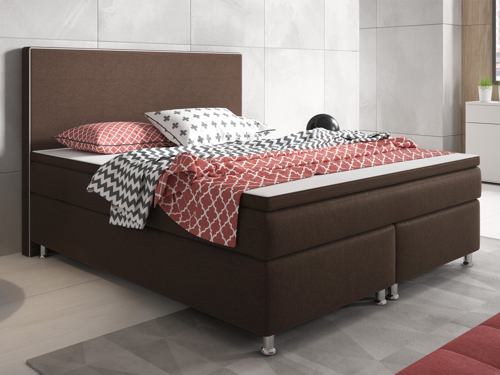 Boxspringbett K004 180x200 cm Webstoff Braun – mit 5 cm PU-Topper - Interbed