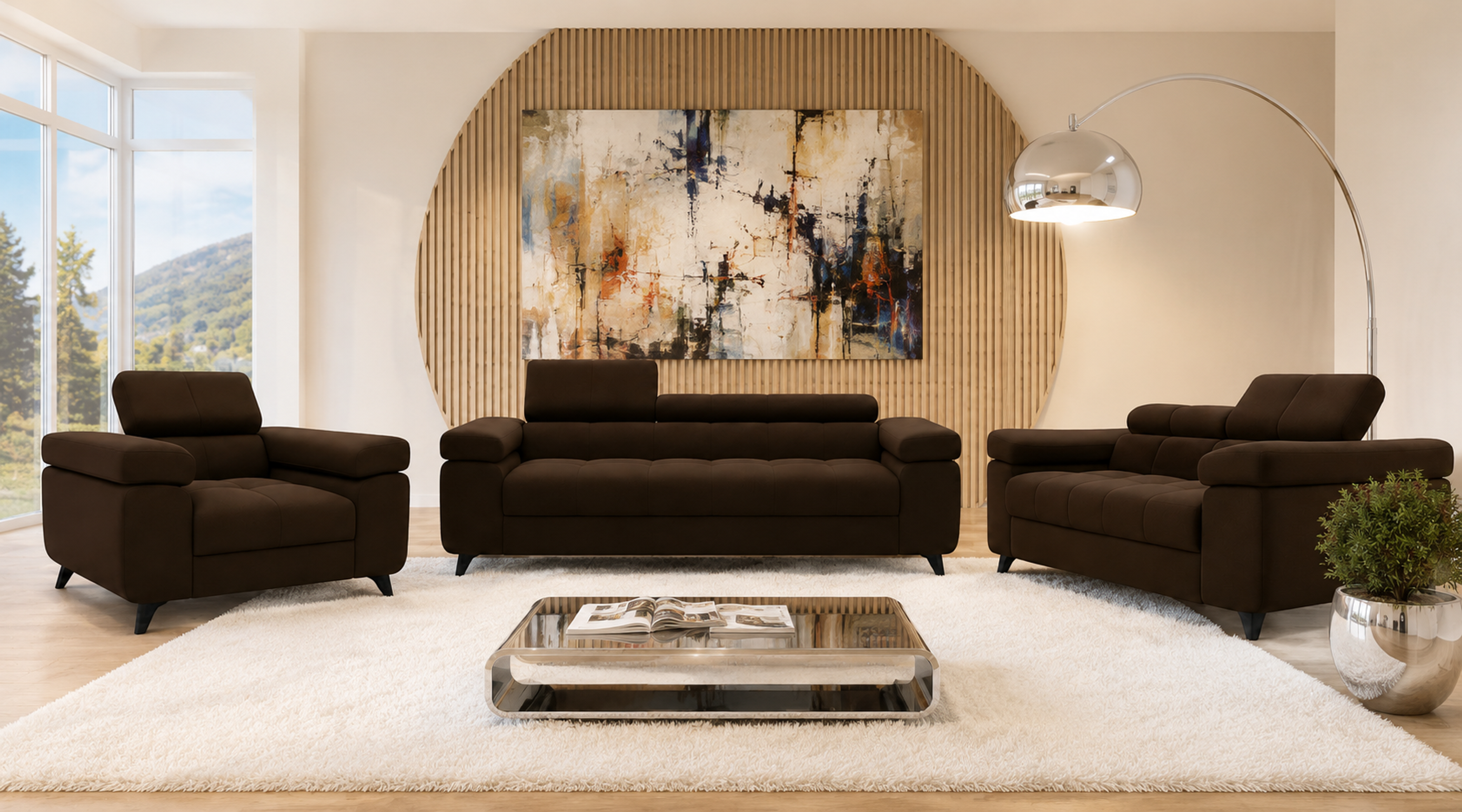 Exklusives Sofa-Set Utah Braun Samt | 3-Sitzer mit Bettfunktion, 2-Sitzer & Sessel | Verstellbare Kopfstützen