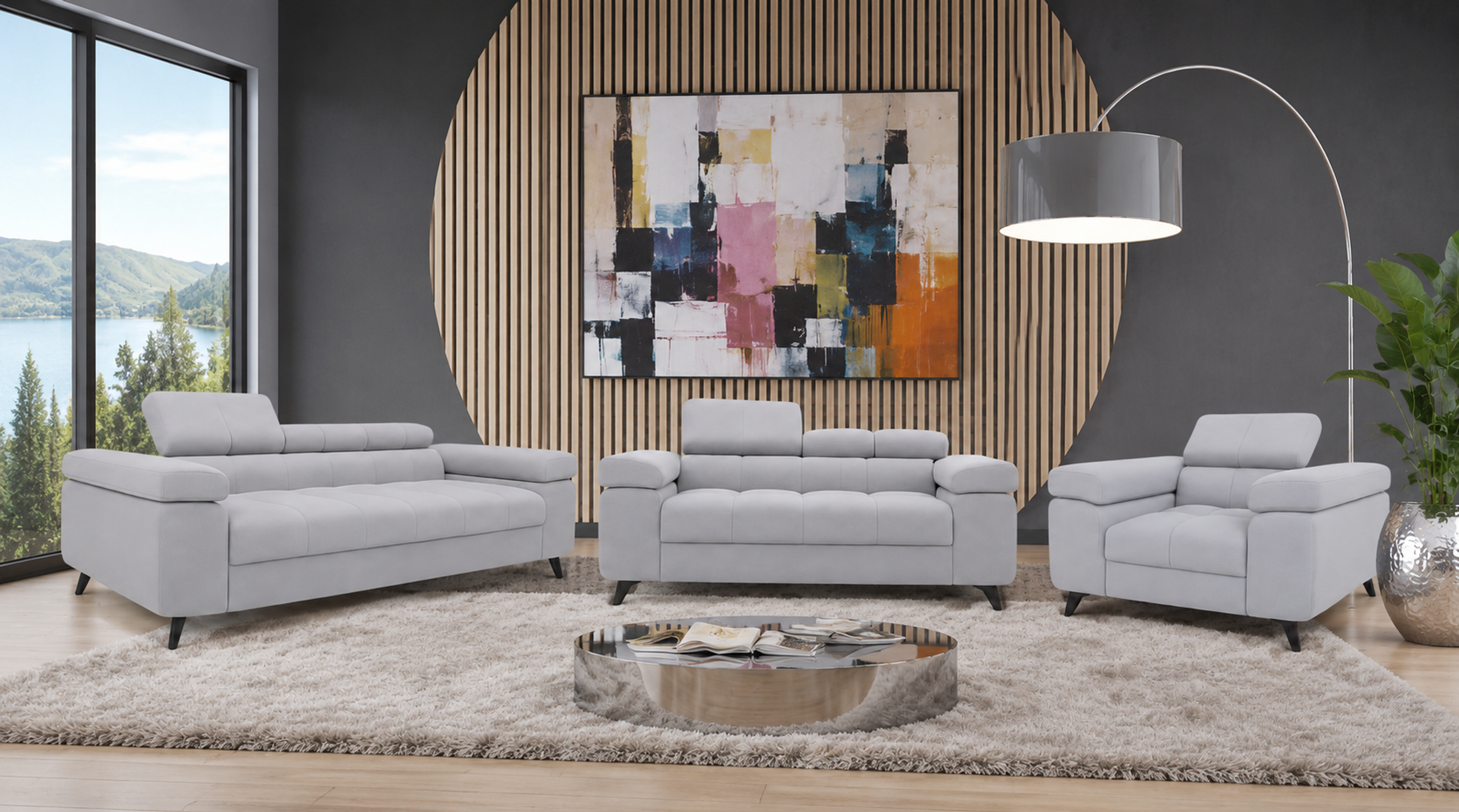Exklusives Sofa-Set Utah Silbergrau Samt | 3-Sitzer mit Bettfunktion, 2-Sitzer & Sessel | Verstellbare Kopfstützen