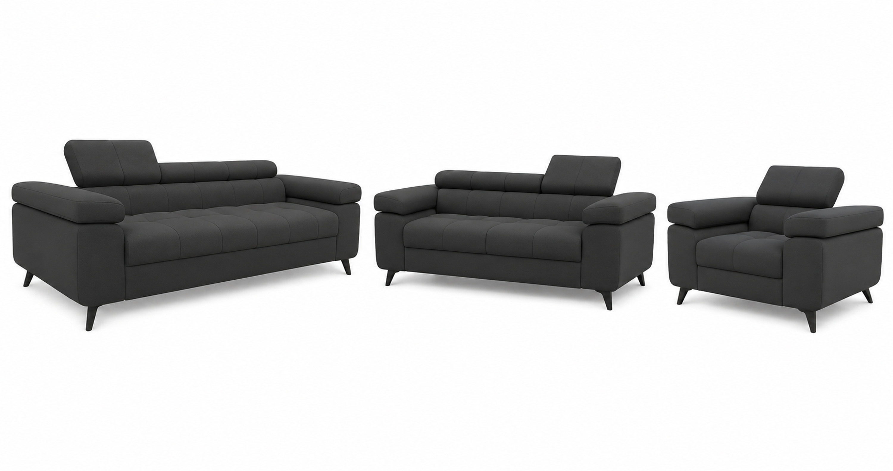 Exklusives Sofa-Set Utah Anthrazit Samt | 3-Sitzer mit Bettfunktion, 2-Sitzer & Sessel | Verstellbare Kopfstützen