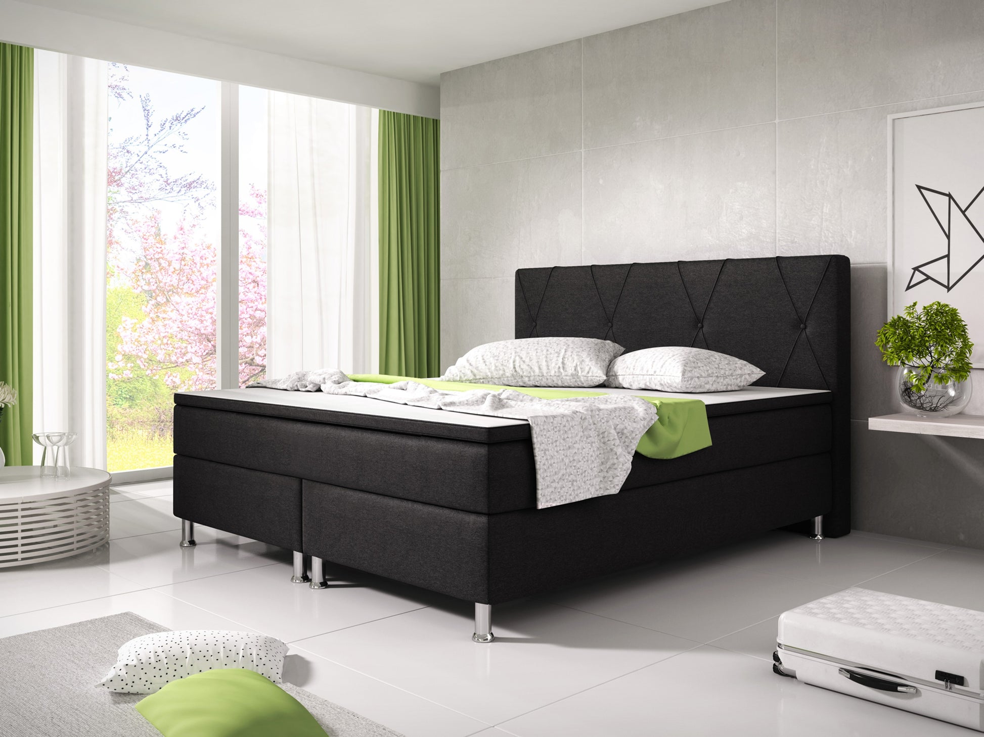 Boxspringbett Boston 180x200 cm – Webstoff Schwarz mit PU-Topper - Interbed