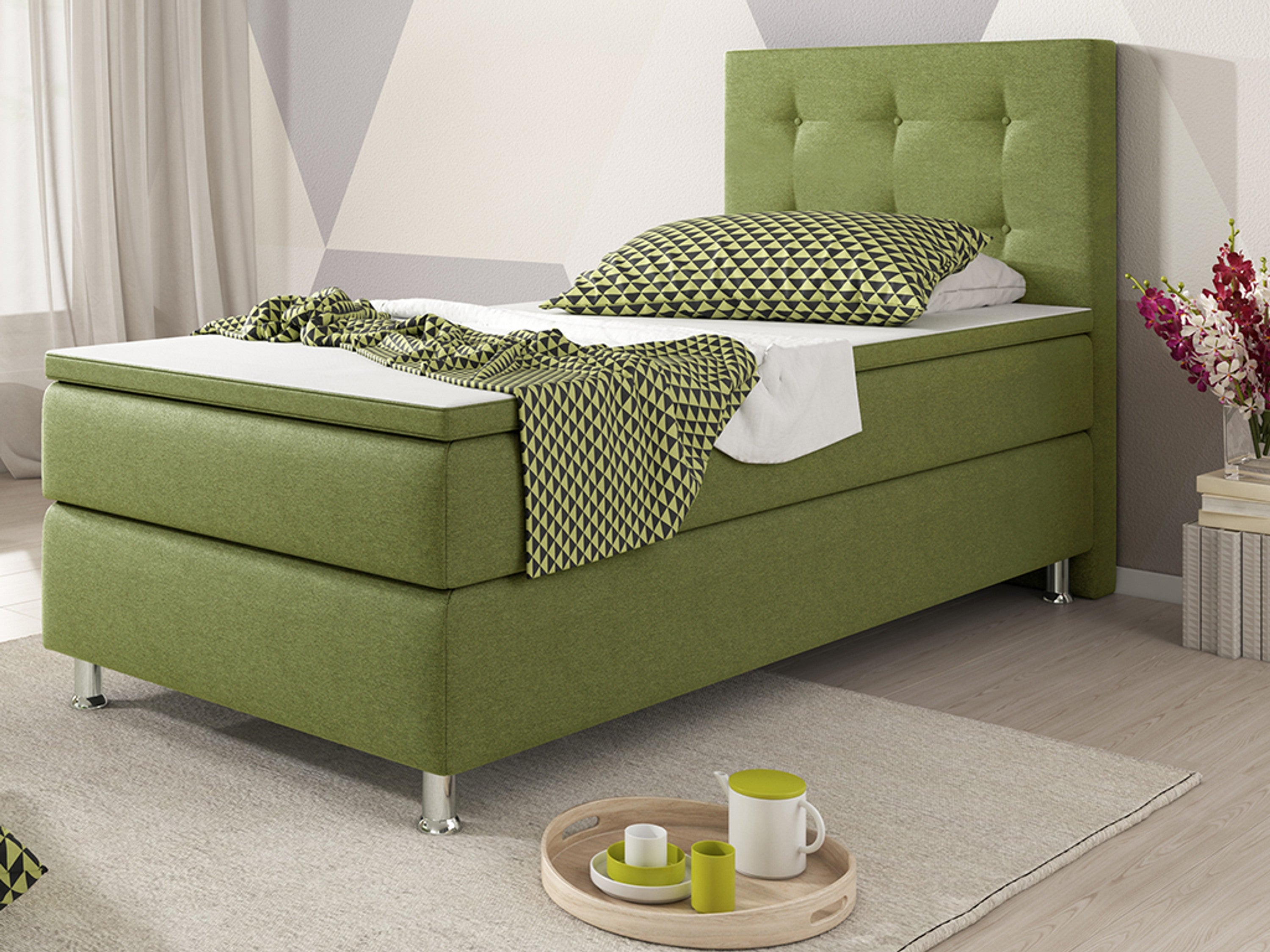Boxspringbett KN009 90x200 Grün – Webstoff, Bonell-Federkern & PU-Topper - Interbed