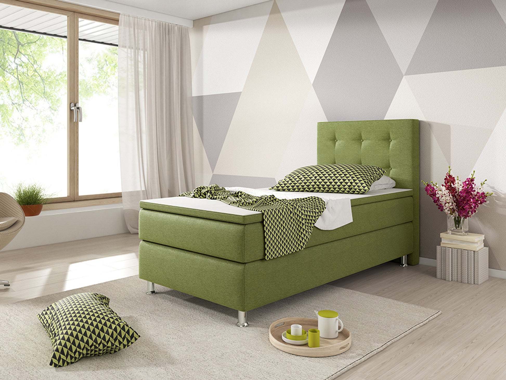 Boxspringbett KN009 90x200 Grün – Webstoff, Bonell-Federkern & PU-Topper - Interbed