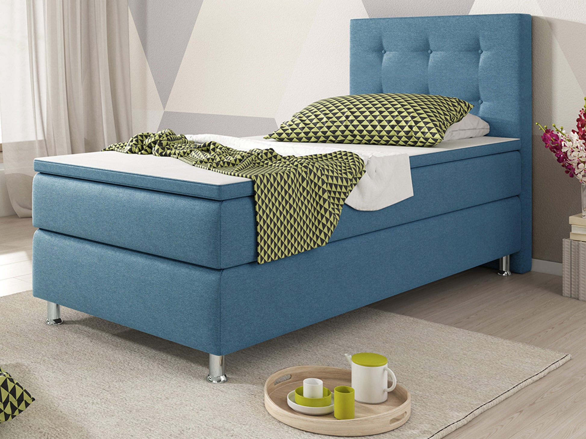 Boxspringbett KN005 90x200 – Webstoff Blau mit 7‑Zonen-Federkern & Topper - Interbed