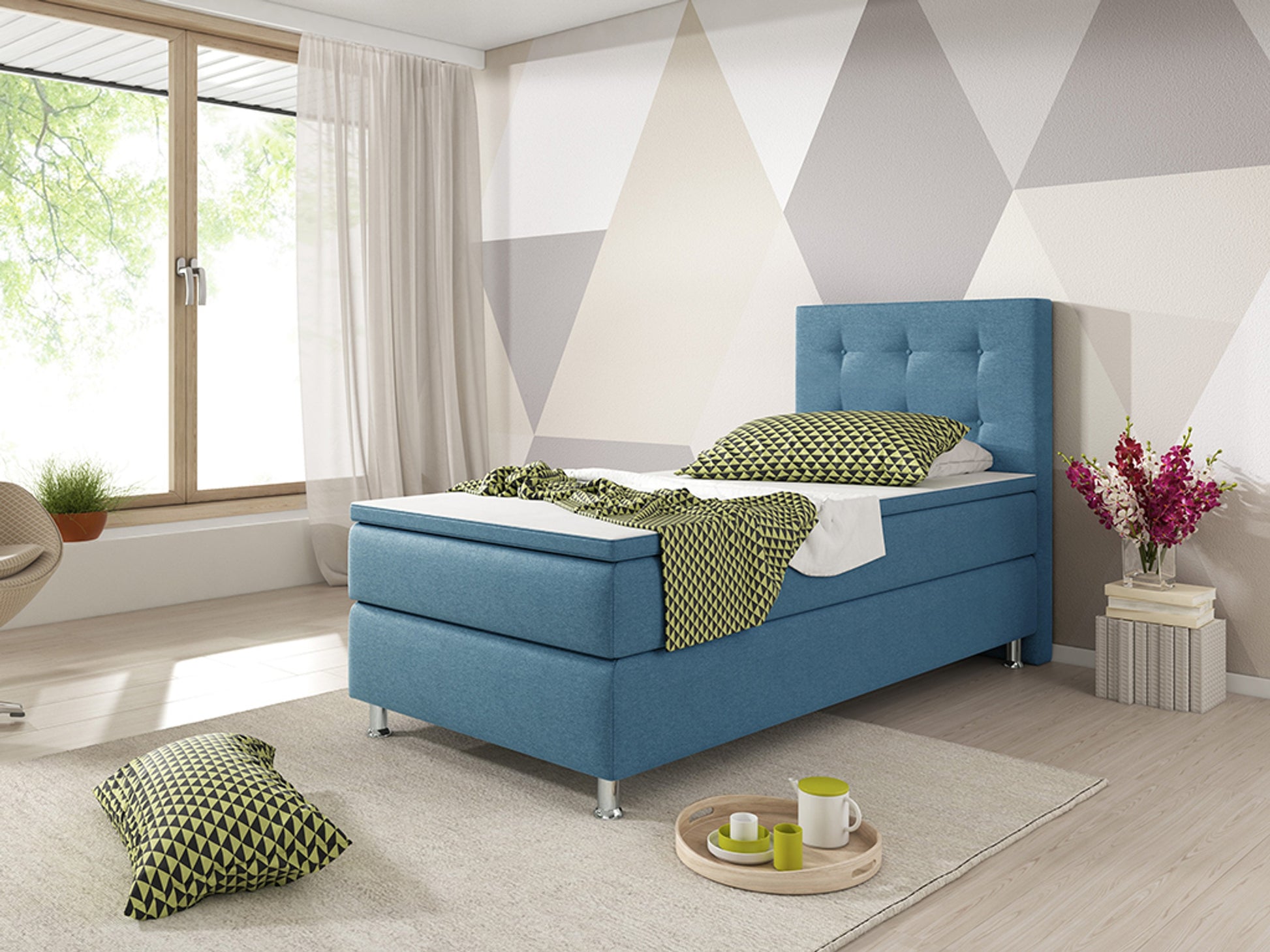 Boxspringbett KN005 90x200 – Webstoff Blau mit 7‑Zonen-Federkern & Topper - Interbed