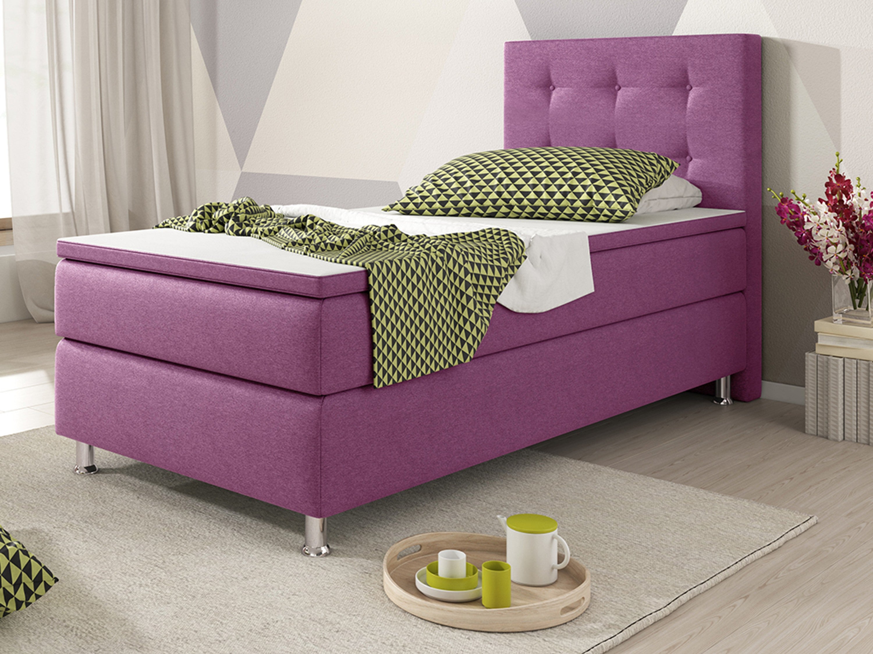 Boxspringbett KN008 90x200 cm – Webstoff Rosa/Pink mit PU-Topper - Interbed