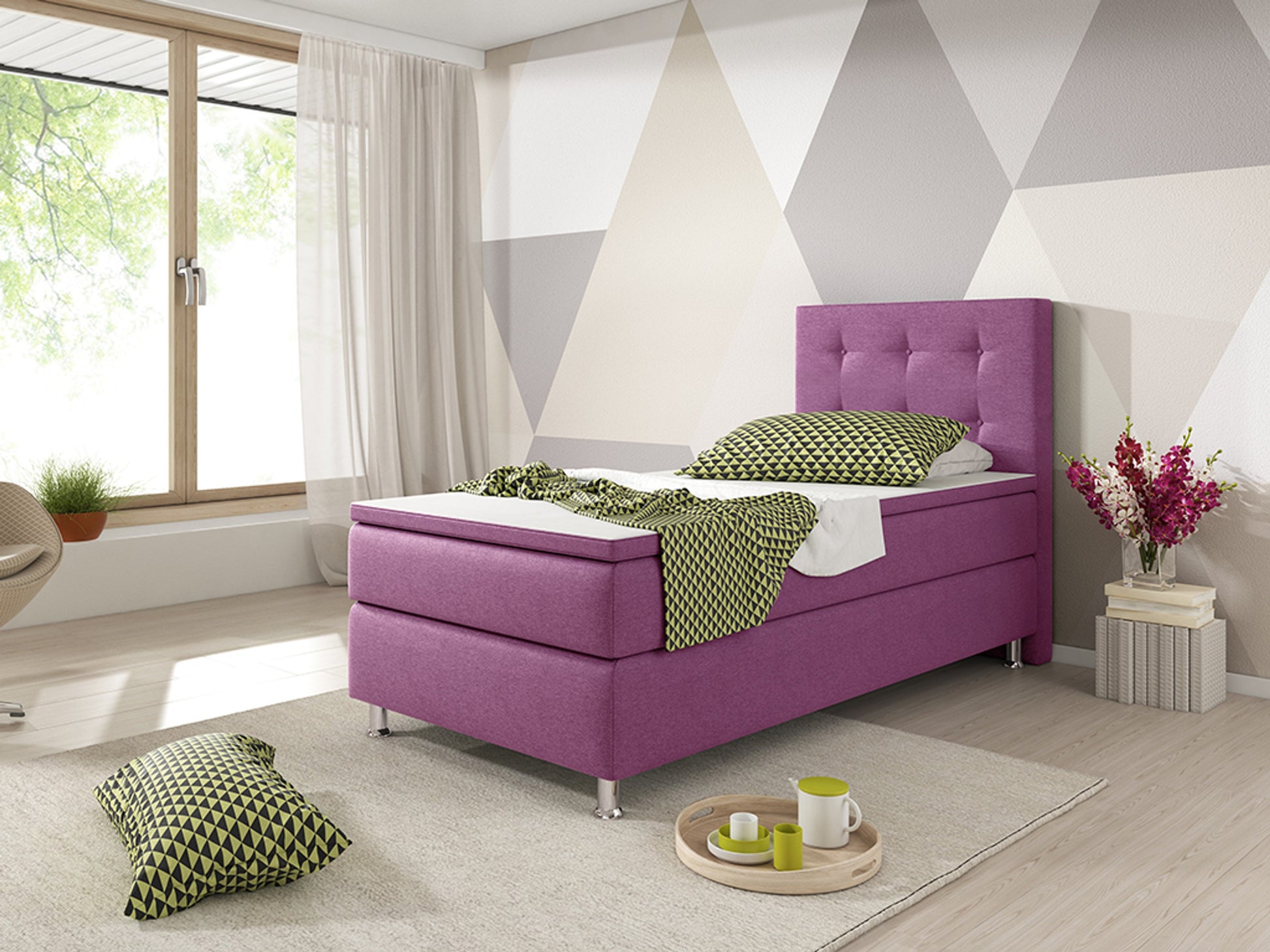 Boxspringbett KN008 90x200 cm – Webstoff Rosa/Pink mit PU-Topper - Interbed