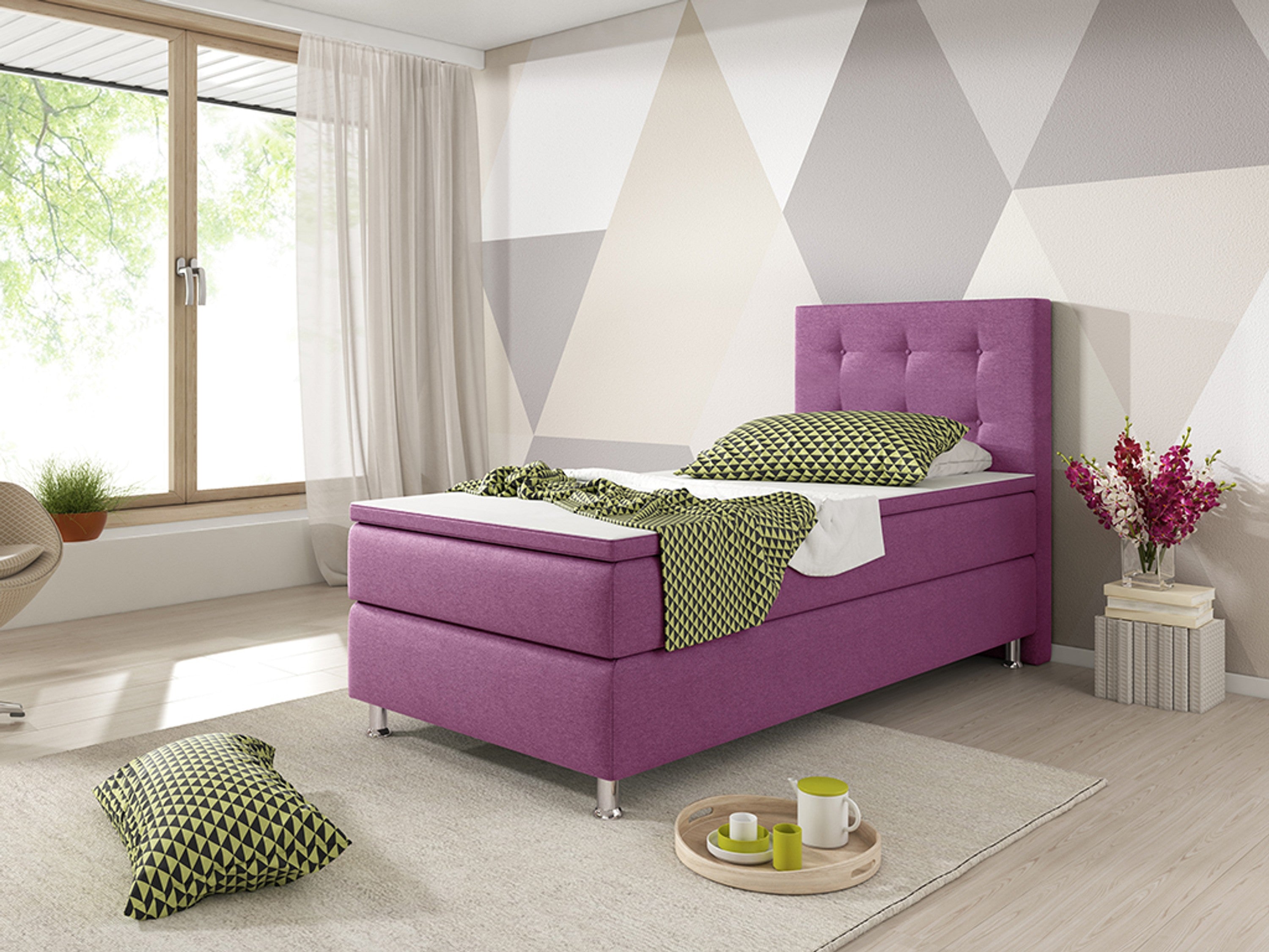Boxspringbett KN008 90x200 cm – Webstoff Rosa/Pink mit PU-Topper - Interbed