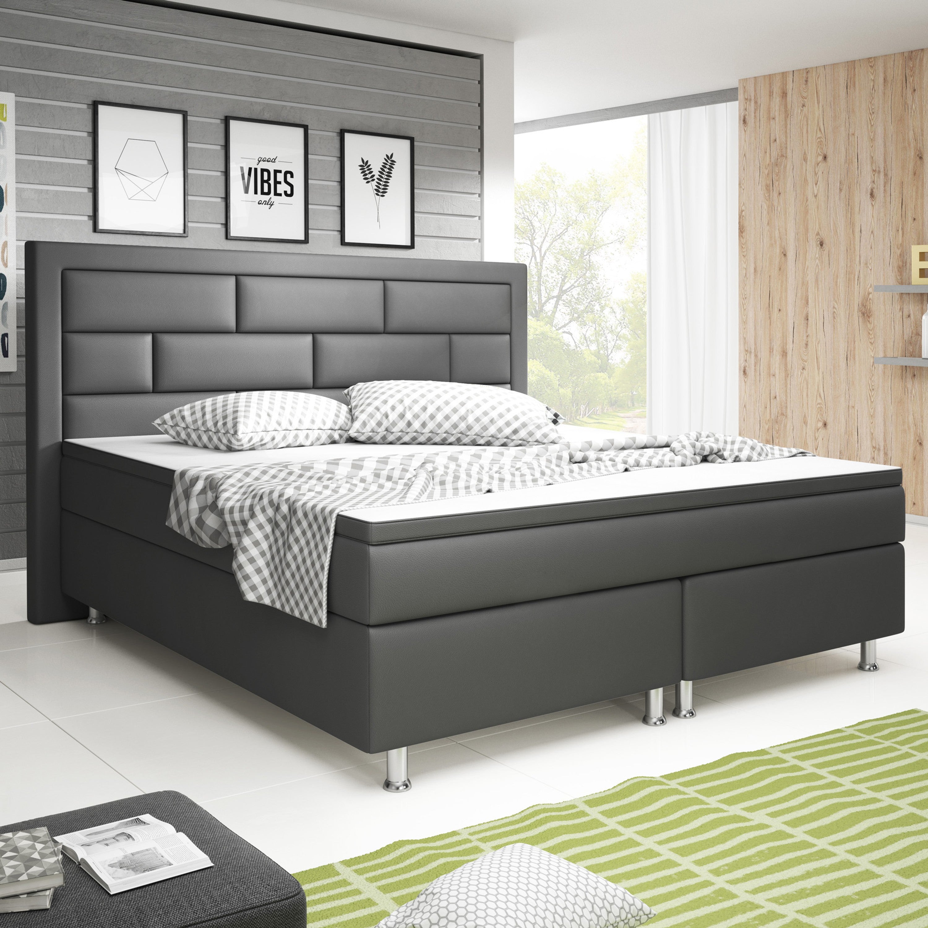 Boxspringbett Nizza 180x200 Anthrazit – Kunstleder & PU-Topper - Interbed