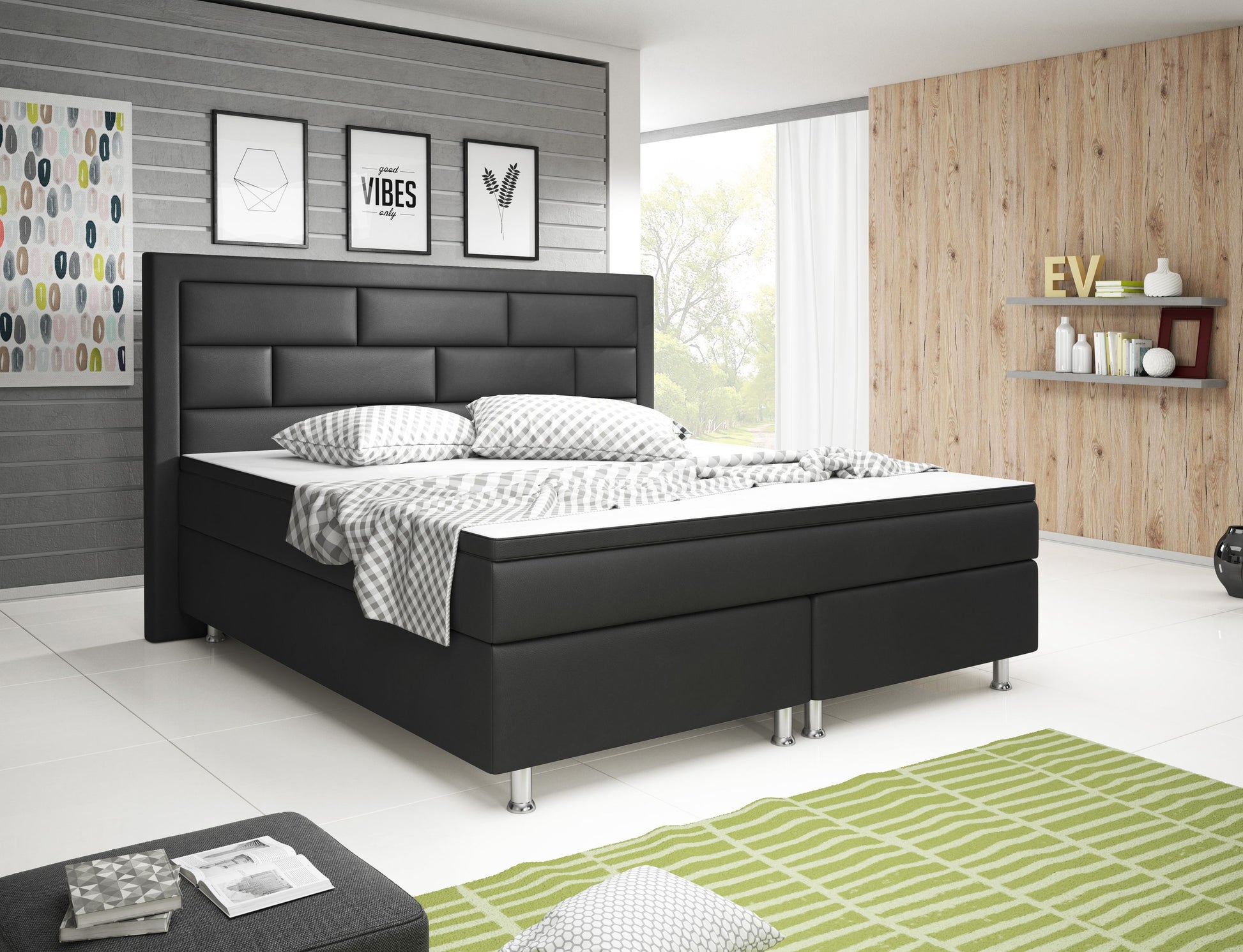 Boxspringbett Nizza 180x200 Kunstleder Schwarz – 7‑Zonen TFK & 6 cm Topper - Interbed