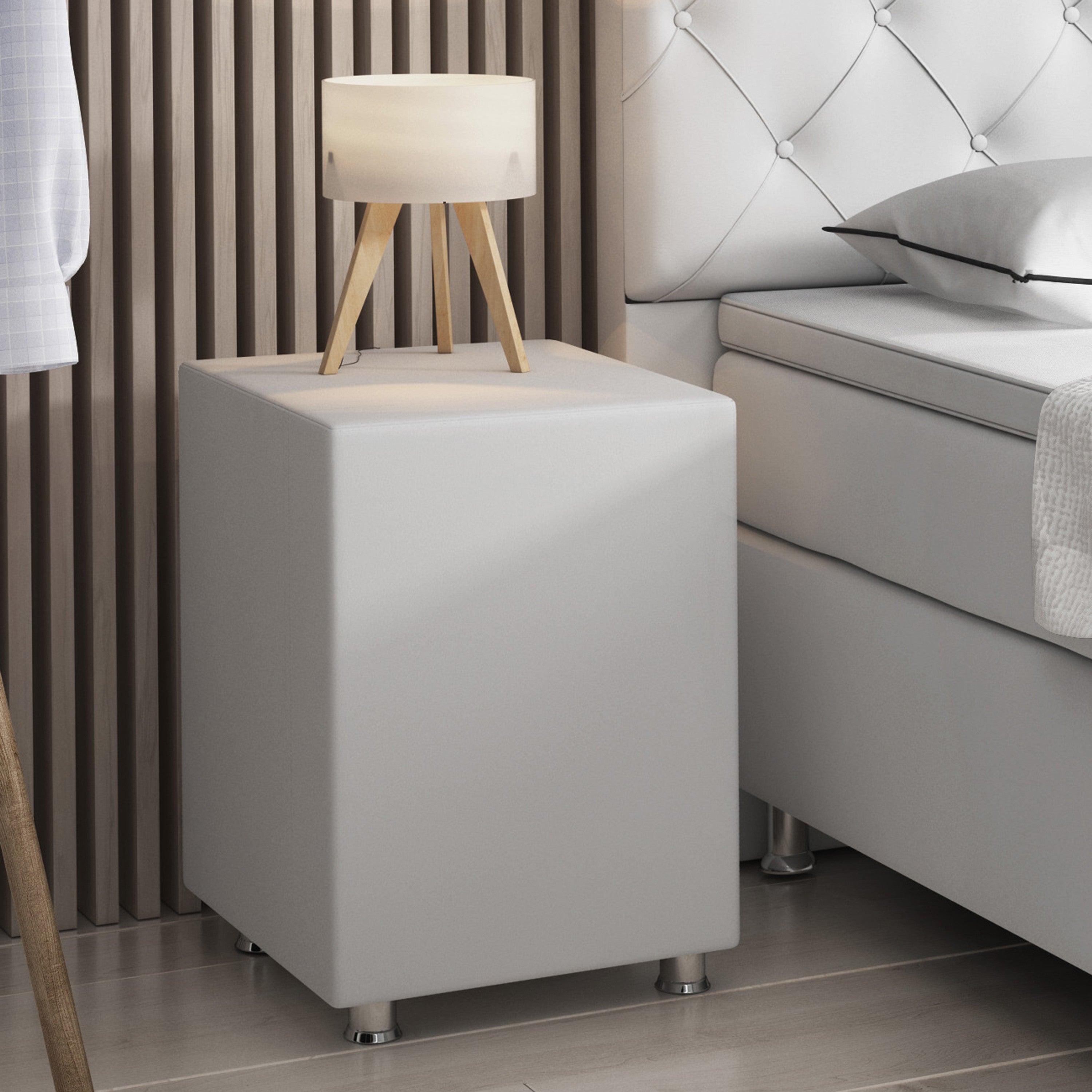 Nachttisch Hocker Kara Würfel Cube weiß 40x40x60 Kunstleder - Interbed