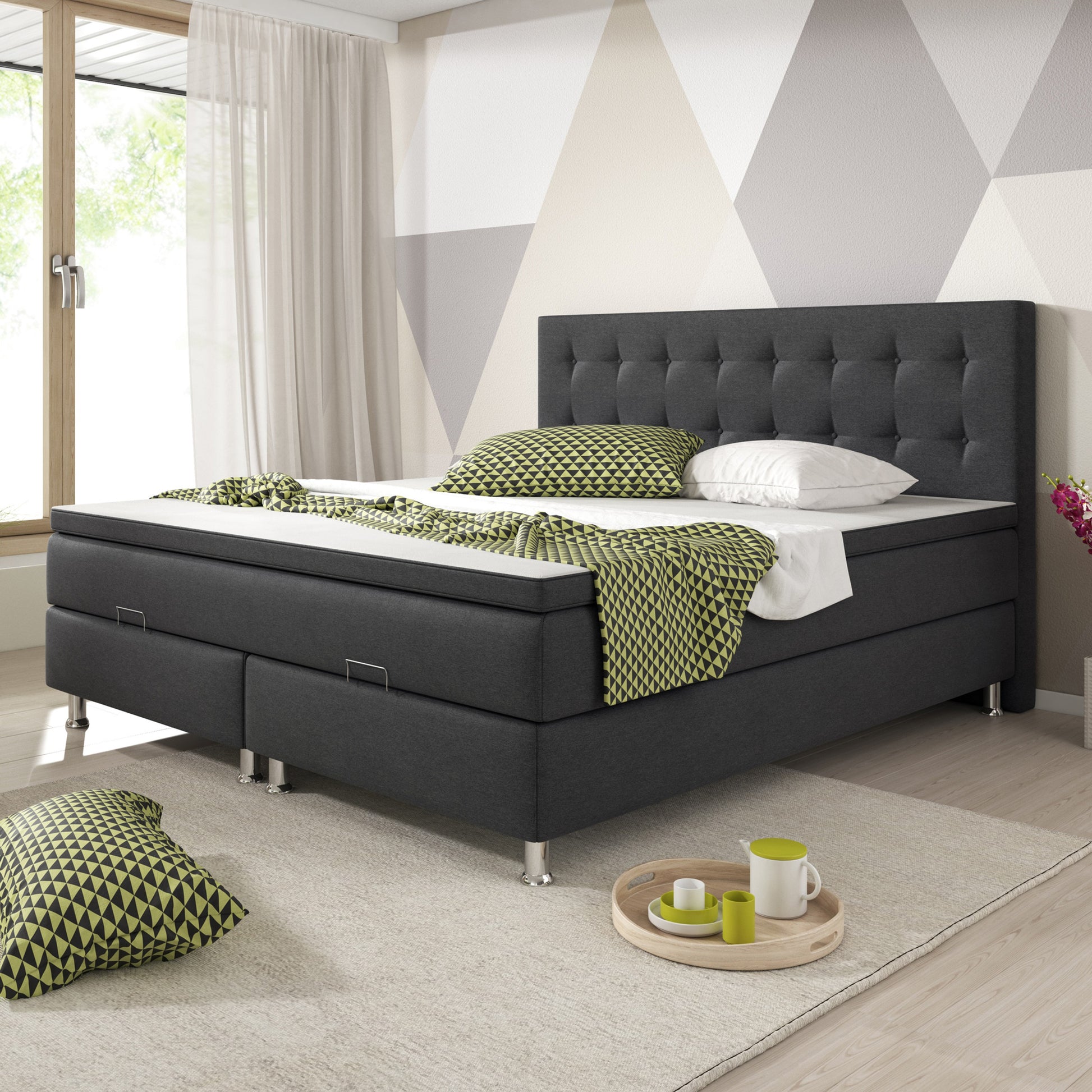 Boxspringbett mit Bettkasten Köln 180x200 Webstoff Anthrazit - Interbed