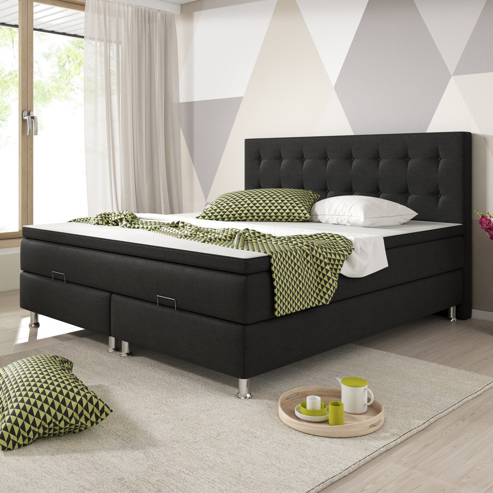Boxspringbett mit Bettkasten Köln 180x200 Webstoff Schwarz - Interbed