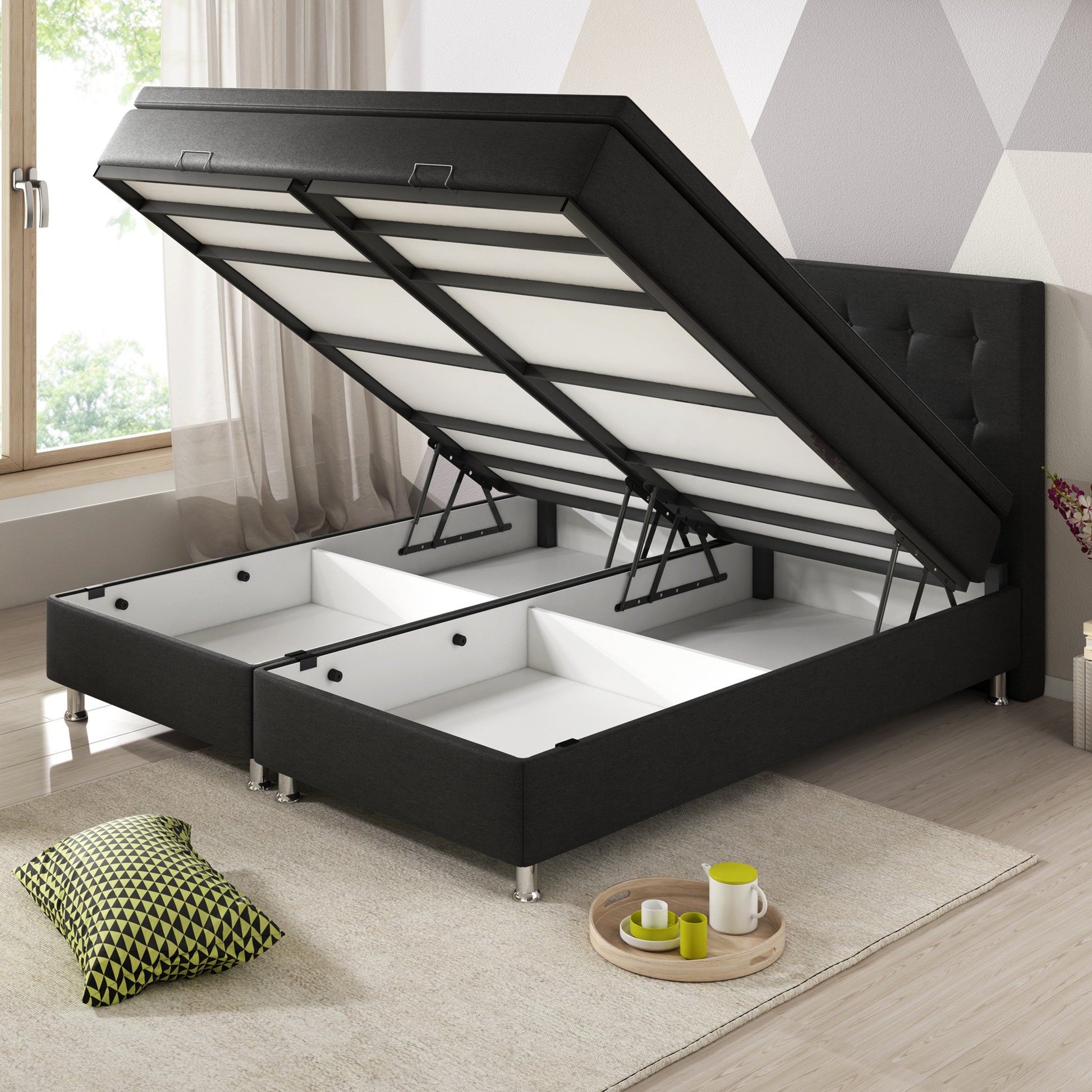 Boxspringbett mit Bettkasten Köln 180x200 Webstoff Schwarz - Interbed