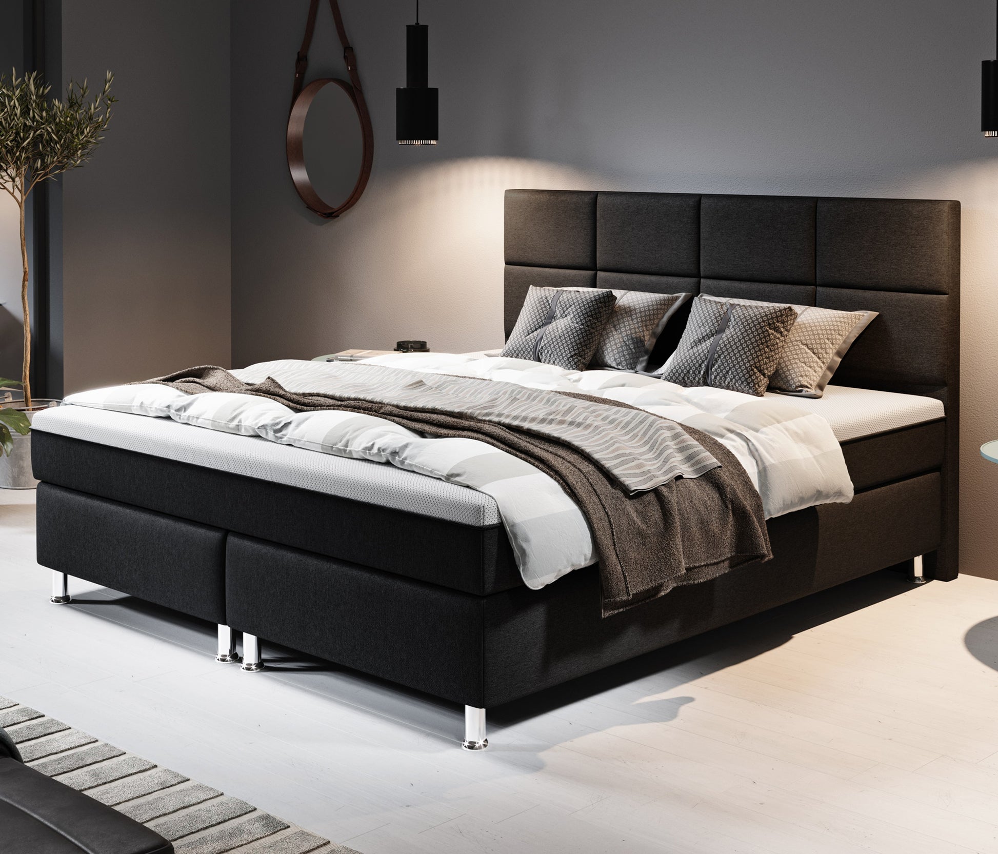 Boxspringbett Rotterdam 180x200 Webstoff Schwarz mit integriertem Topper - Interbed