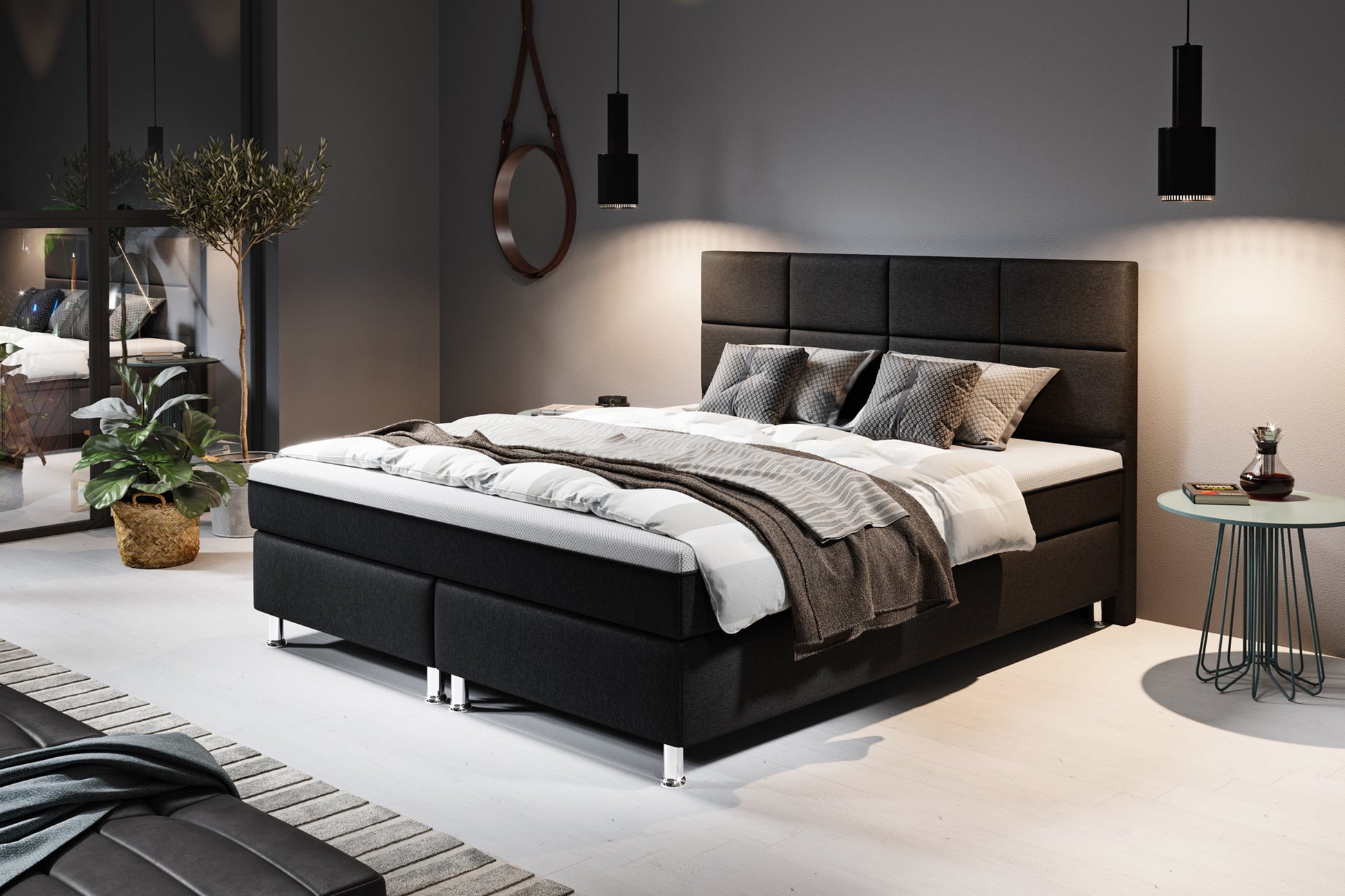 Boxspringbett Rotterdam 180x200 Webstoff Schwarz mit integriertem Topper - Interbed