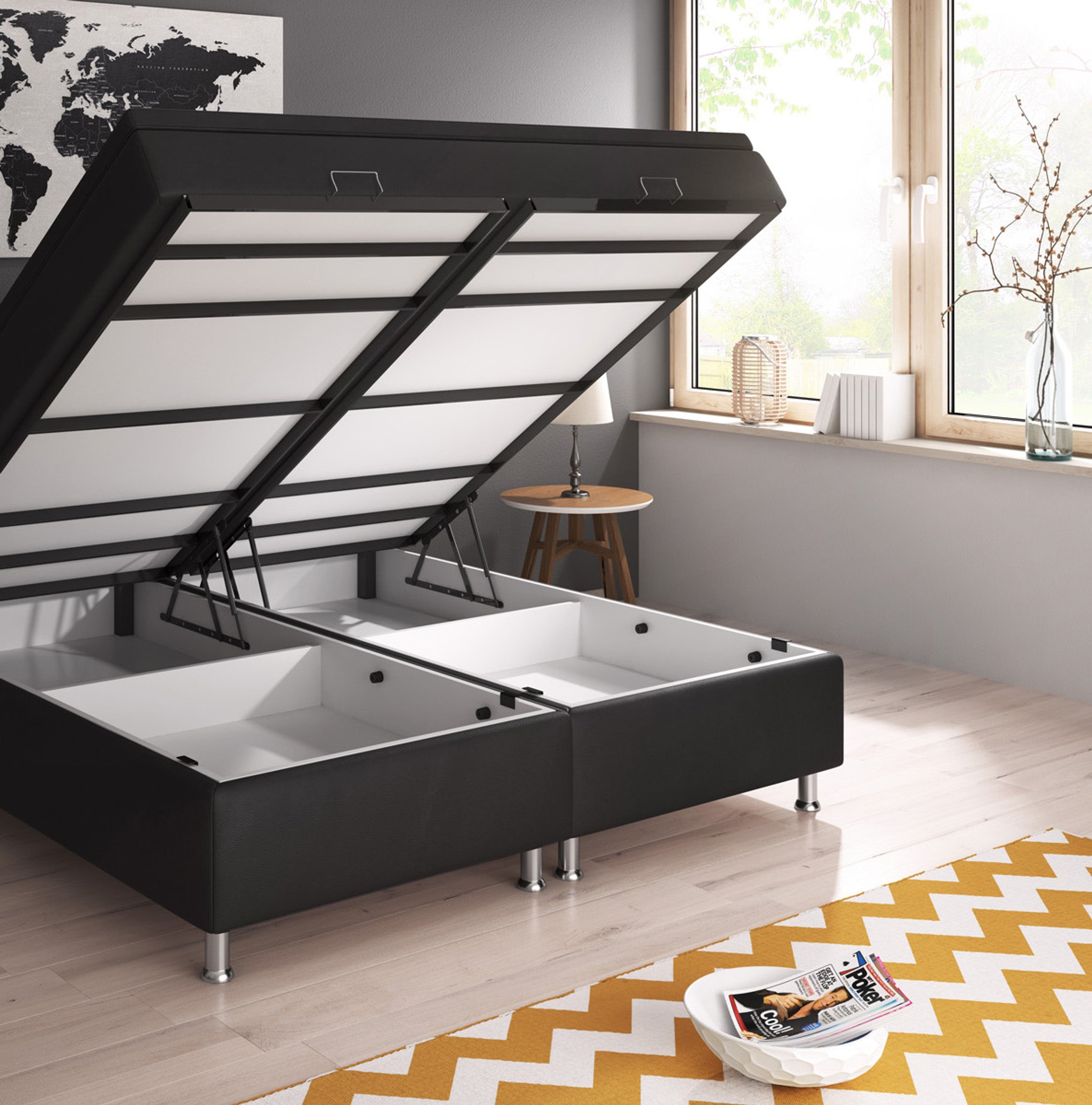 Boxspringbett Milano 180x200 cm Bettkasten Kunstleder Schwarz mit Topper-Optik