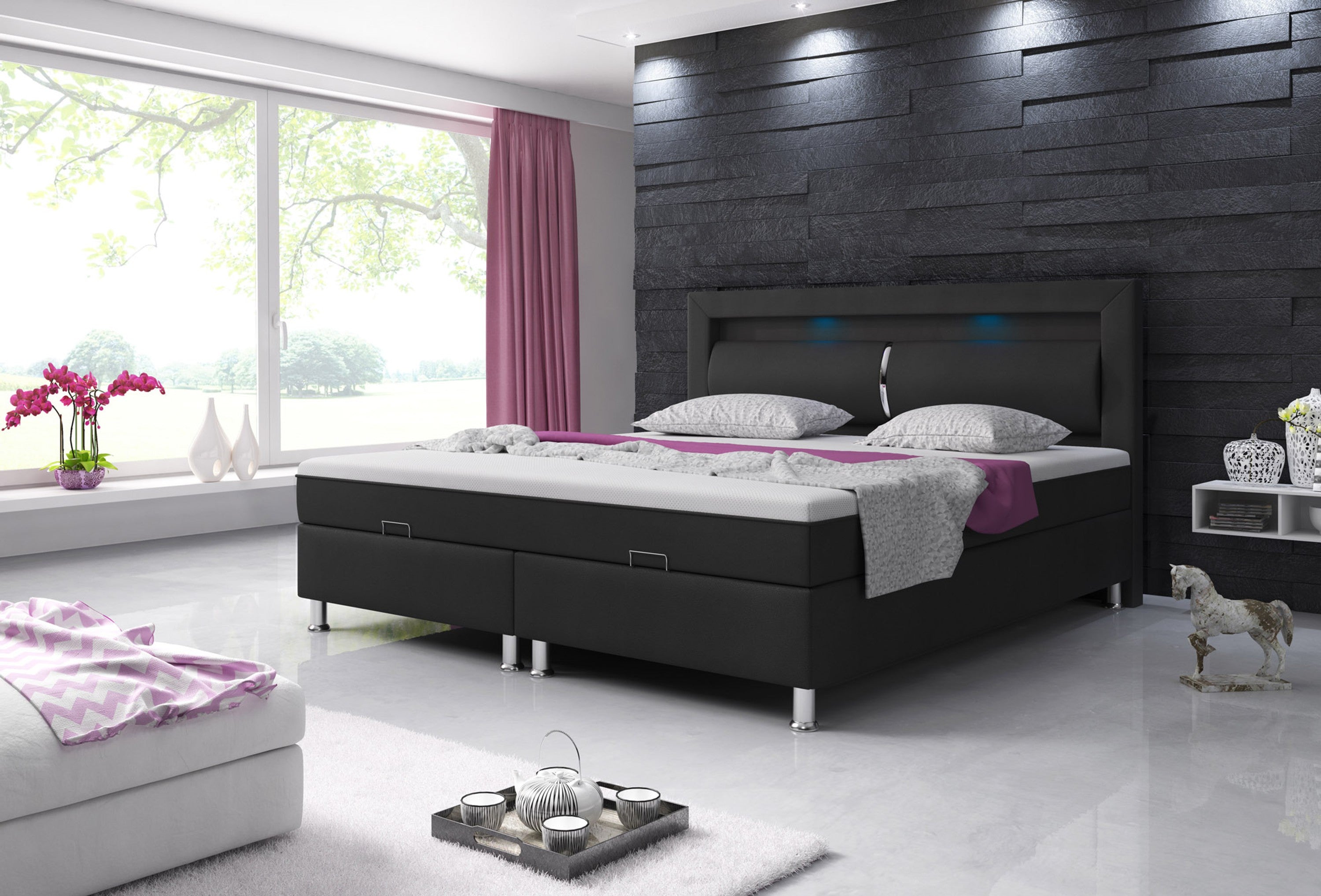 Boxspringbett Milano 180x200 cm Bettkasten Kunstleder Schwarz mit Topper-Optik