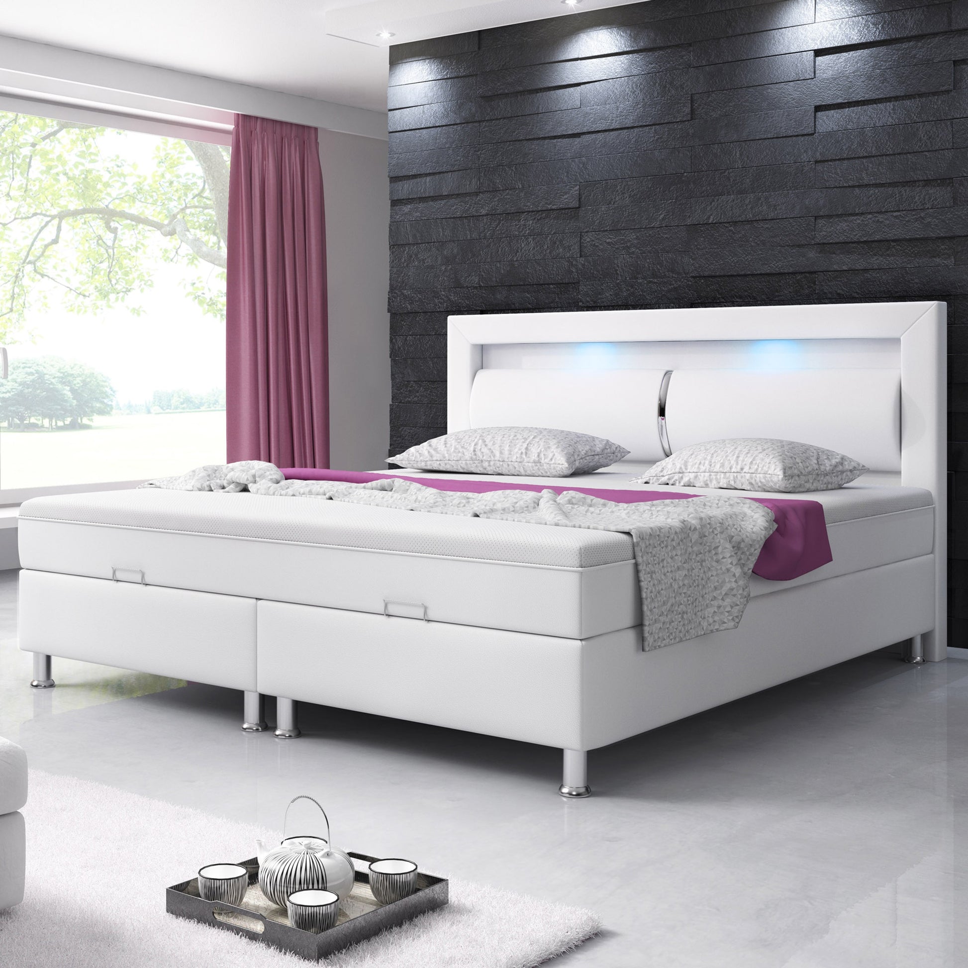 Boxspringbett Milano 180x200 Bettkasten Kunstleder Weiss TYP 6 mit integriertem Topper - Interbed