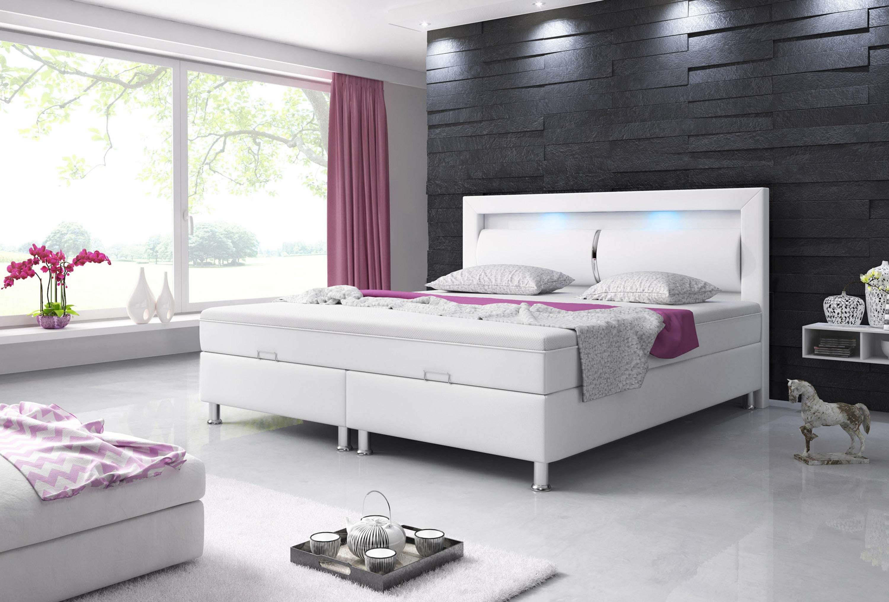 Boxspringbett Milano 180x200 Bettkasten Kunstleder Weiss TYP 6 mit integriertem Topper - Interbed