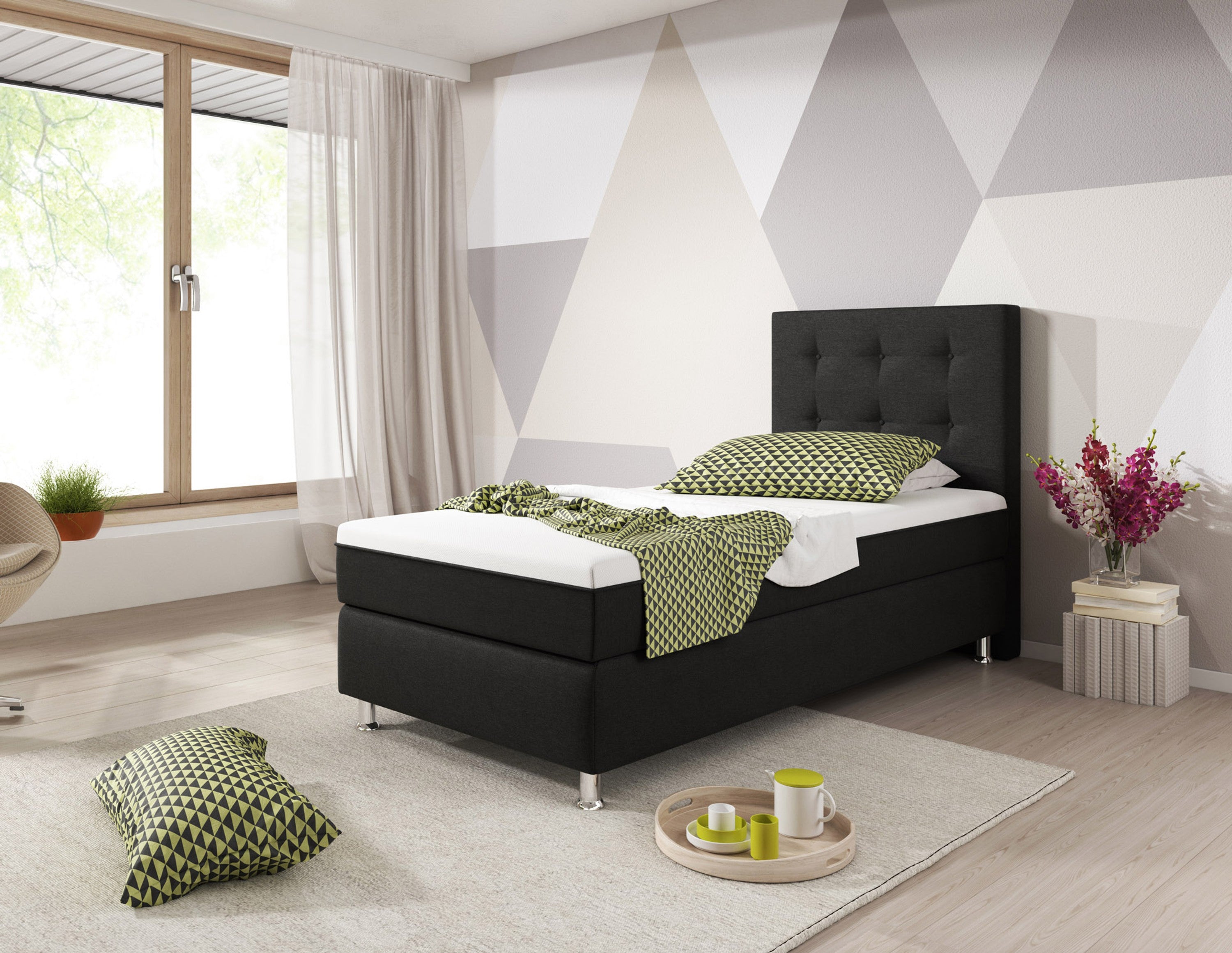 Boxspringbett Köln Plus 90x200 cm Webstoff Schwarz mit Topper-Optik
