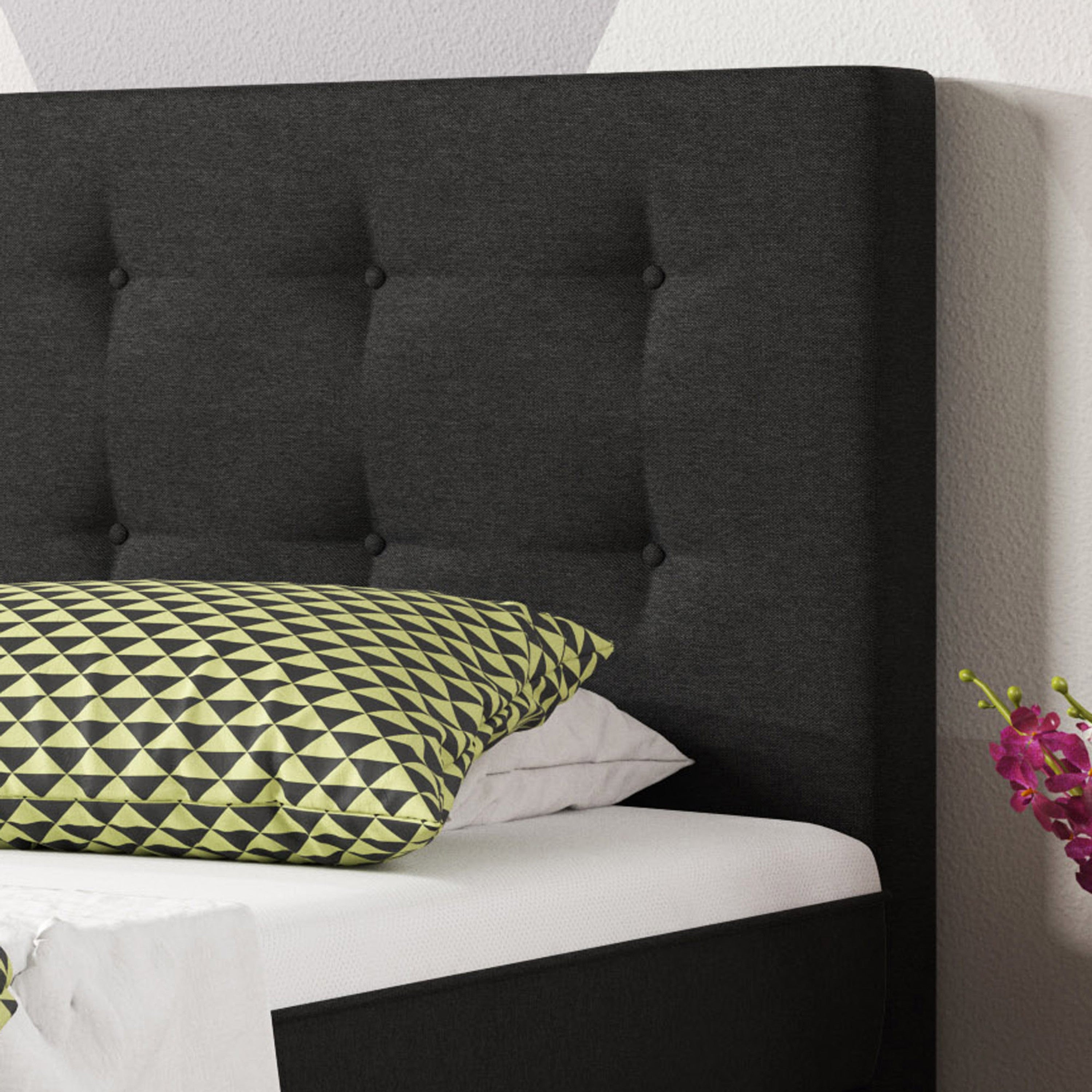 Boxspringbett Köln Plus 90x200 cm Webstoff Schwarz mit Topper-Optik