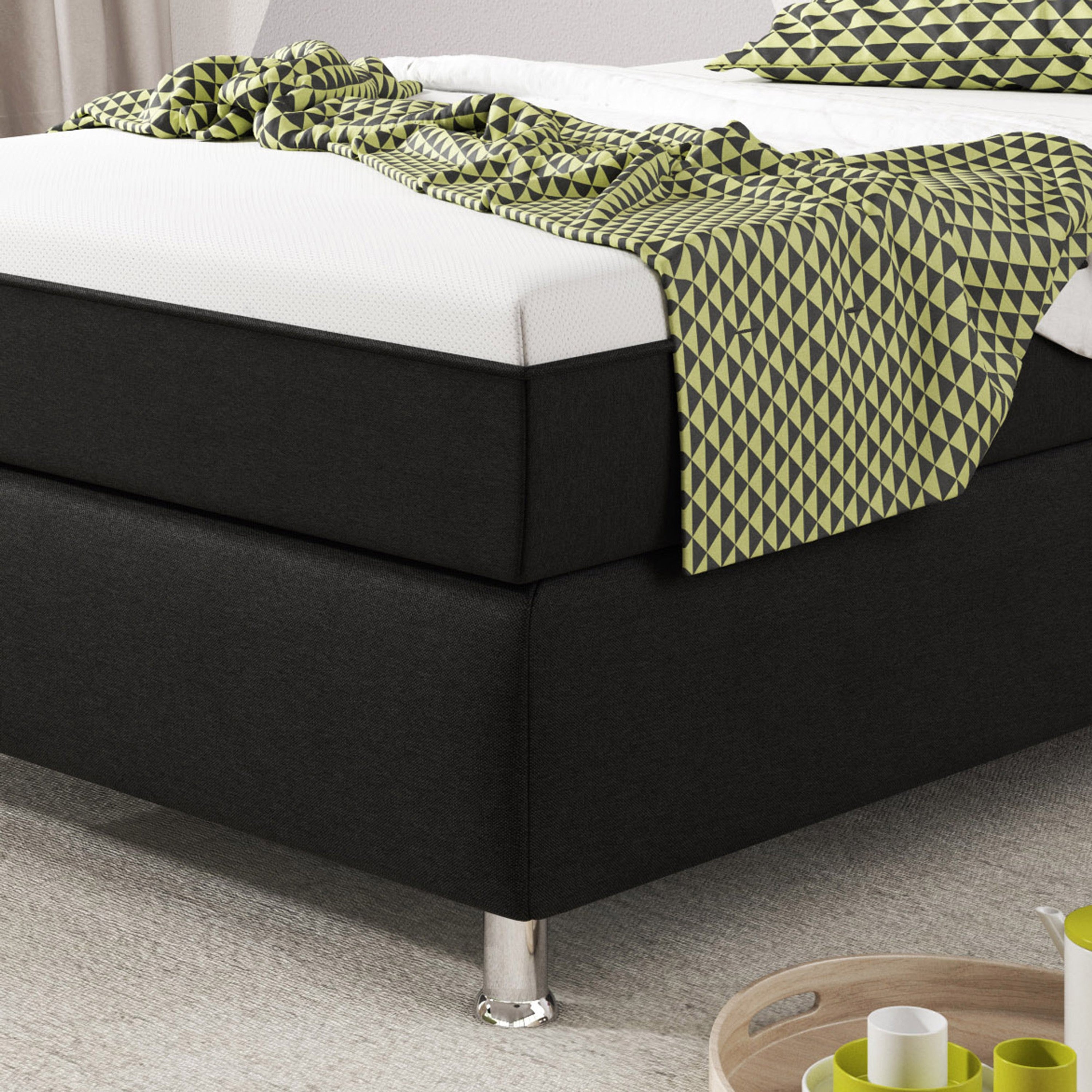 Boxspringbett Köln Plus 90x200 cm Webstoff Schwarz mit Topper-Optik