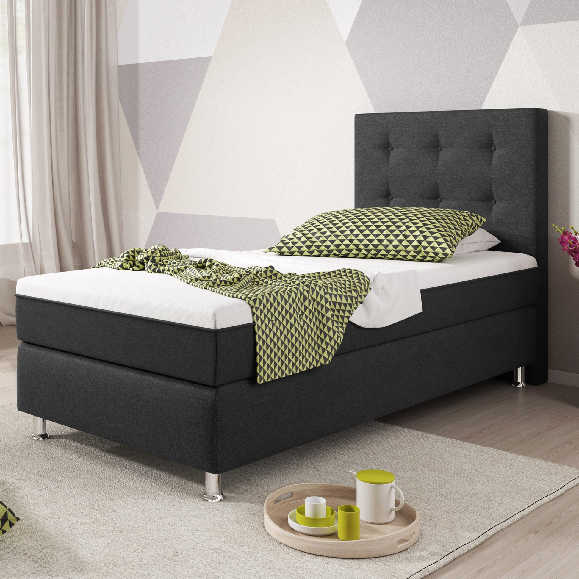 Boxspringbett KN0020 90x200 cm Webstoff Anthrazit mit Topper-Optik - Interbed