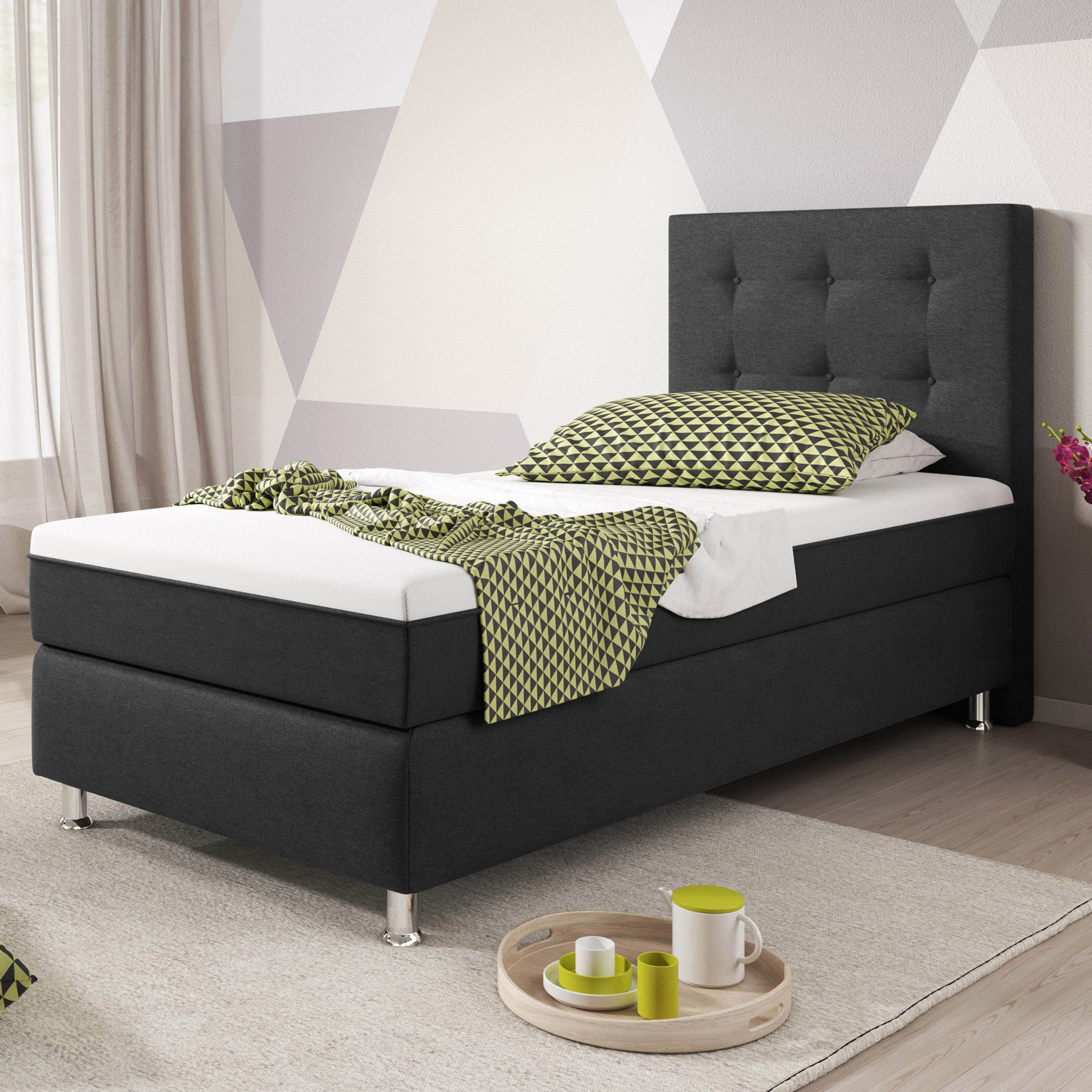 Boxspringbett KN0020 90x200 cm Webstoff Anthrazit mit Topper-Optik - Interbed