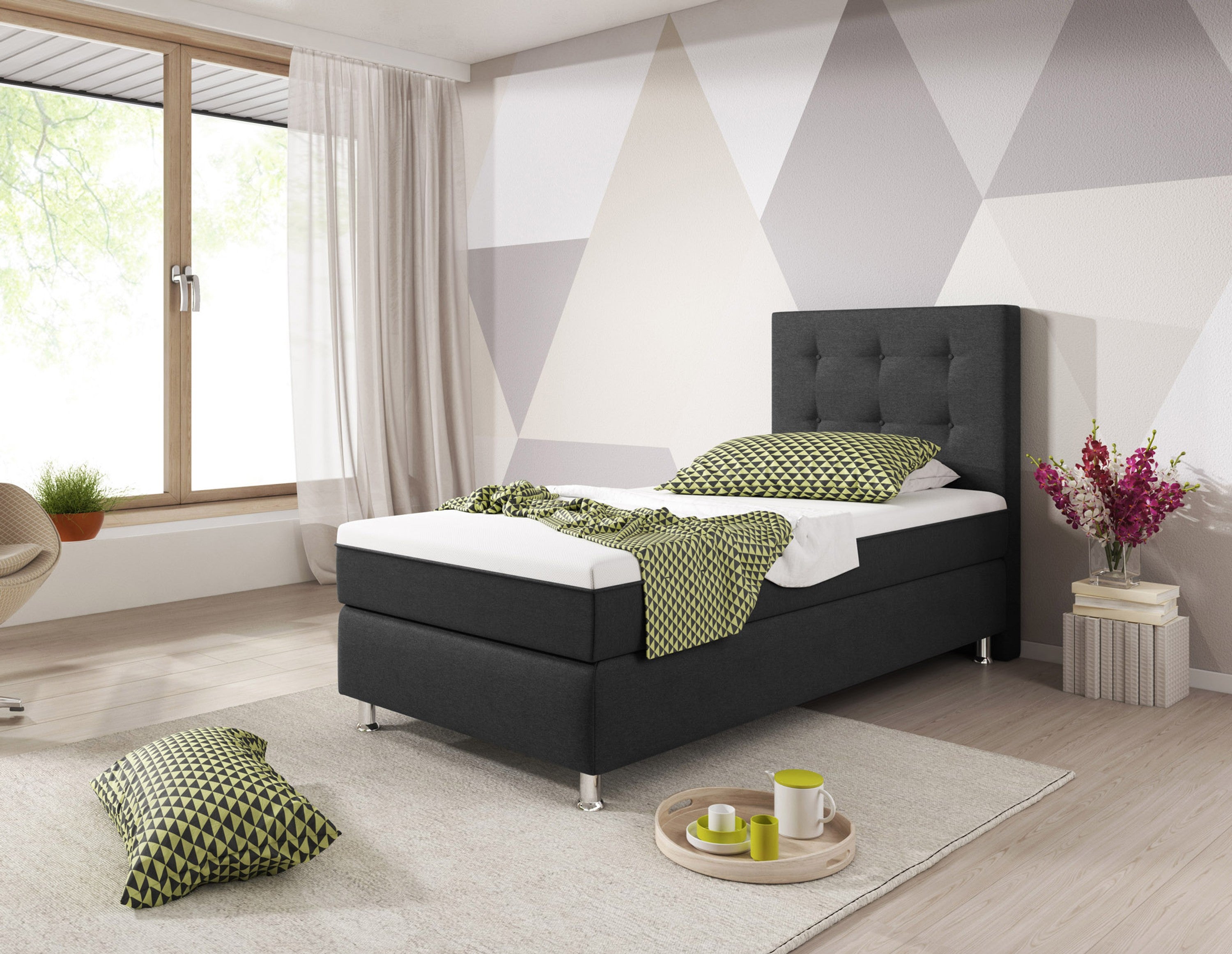 Boxspringbett Köln Plus 90x200 cm Webstoff Anthrazit mit Topper-Optik