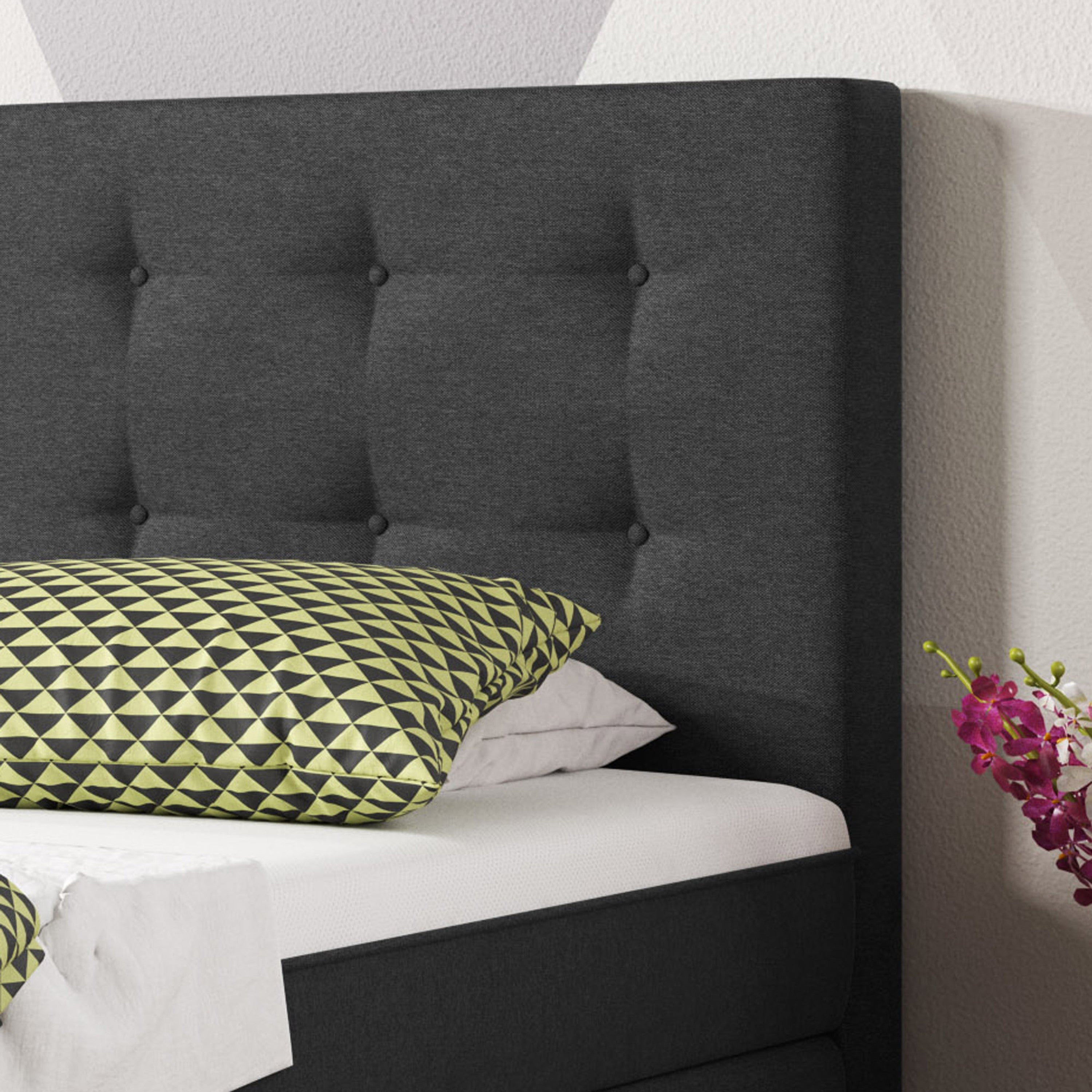 Boxspringbett Köln Plus 90x200 cm Webstoff Anthrazit mit Topper-Optik