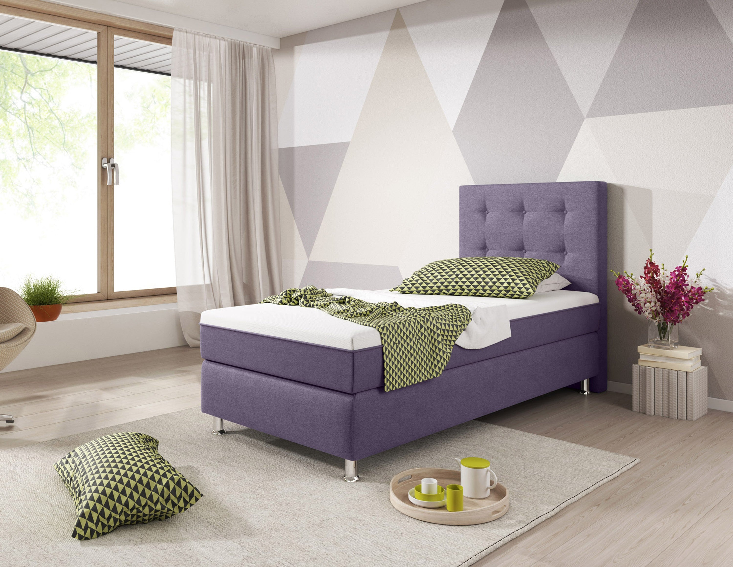 Boxspringbett Köln Plus 90x200 cm Webstoff Lila mit Topper-Optik