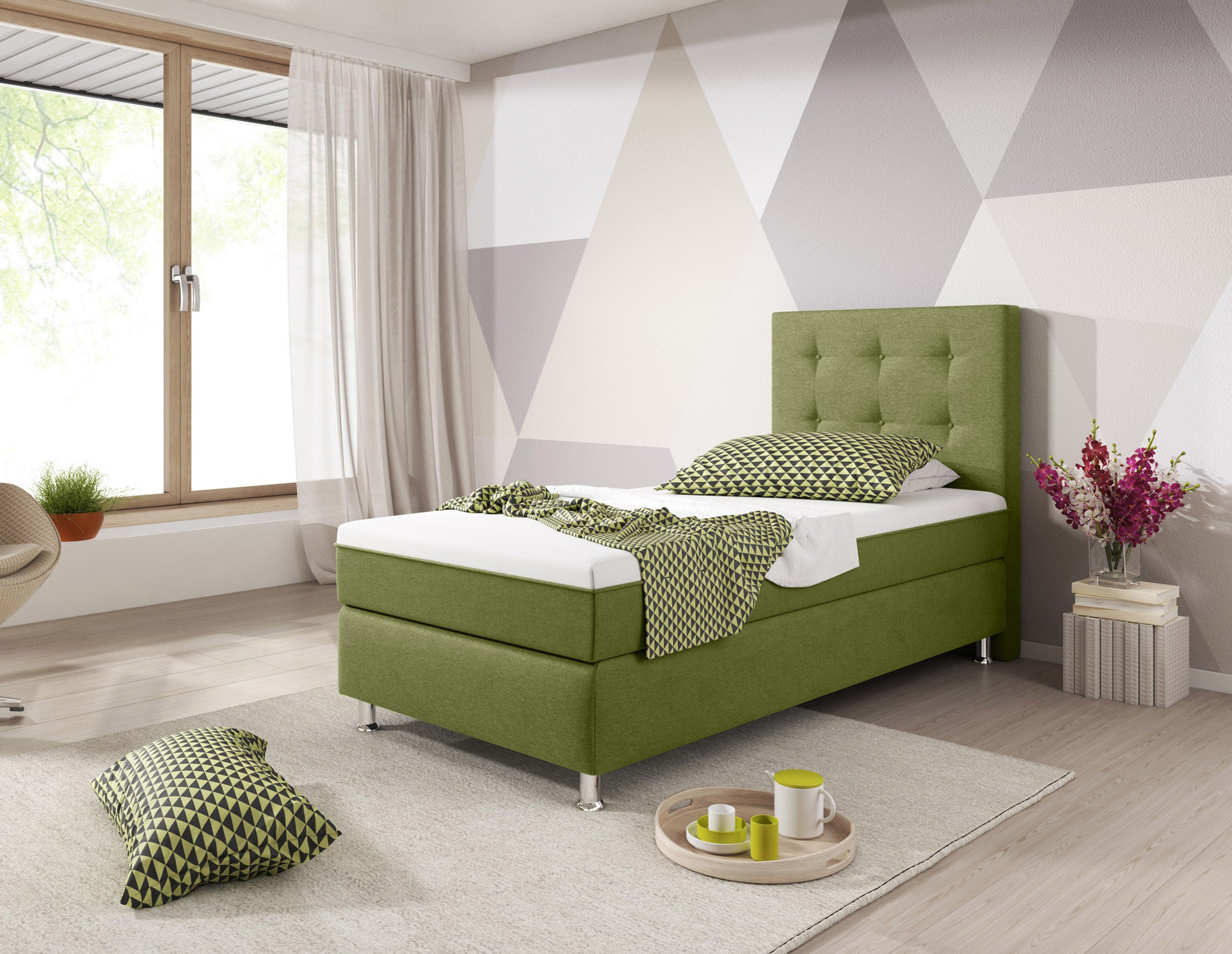 Boxspringbett Köln Plus 90x200 cm Webstoff Grün mit Topper-Optik