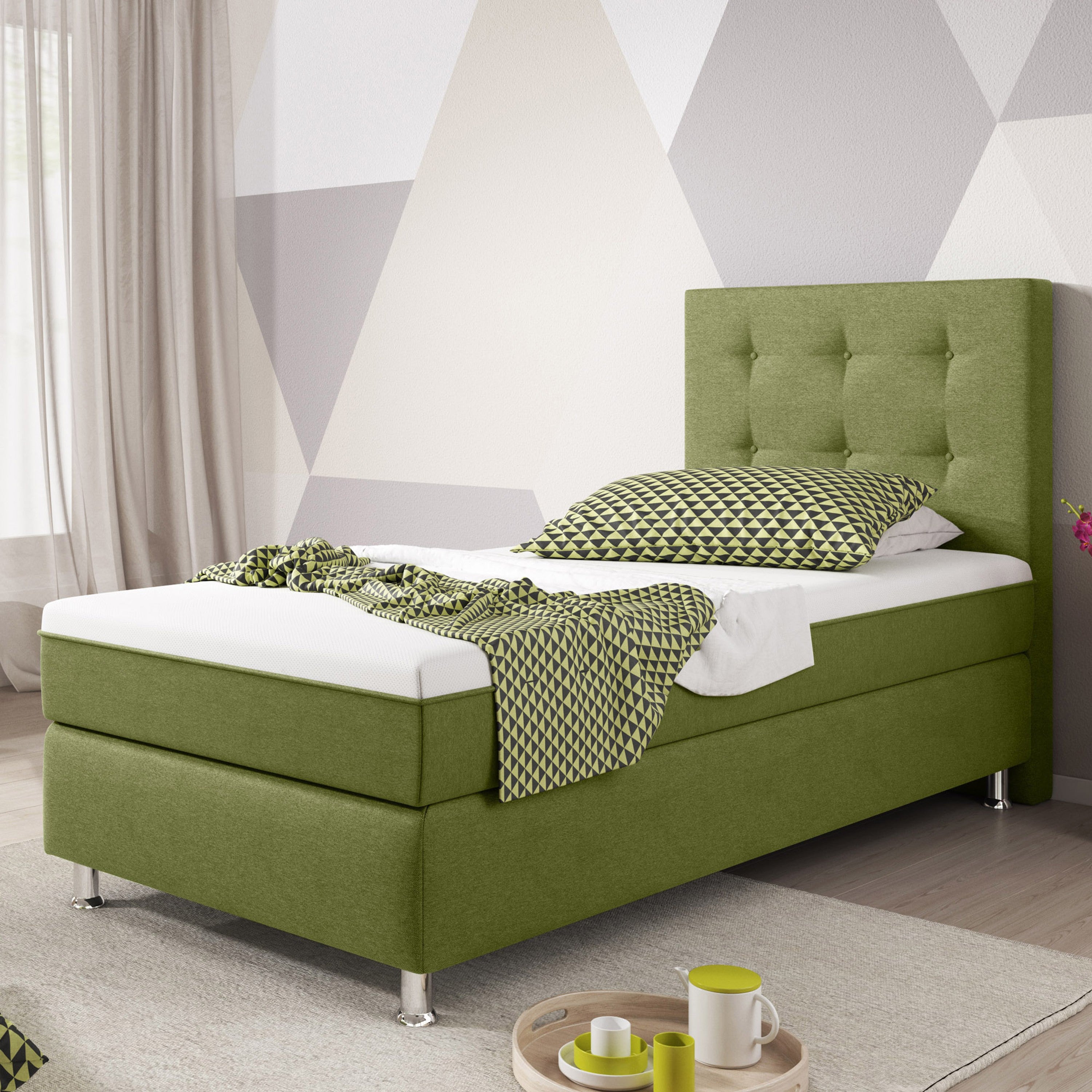 Boxspringbett Köln Plus 90x200 cm Webstoff Grün mit Topper-Optik