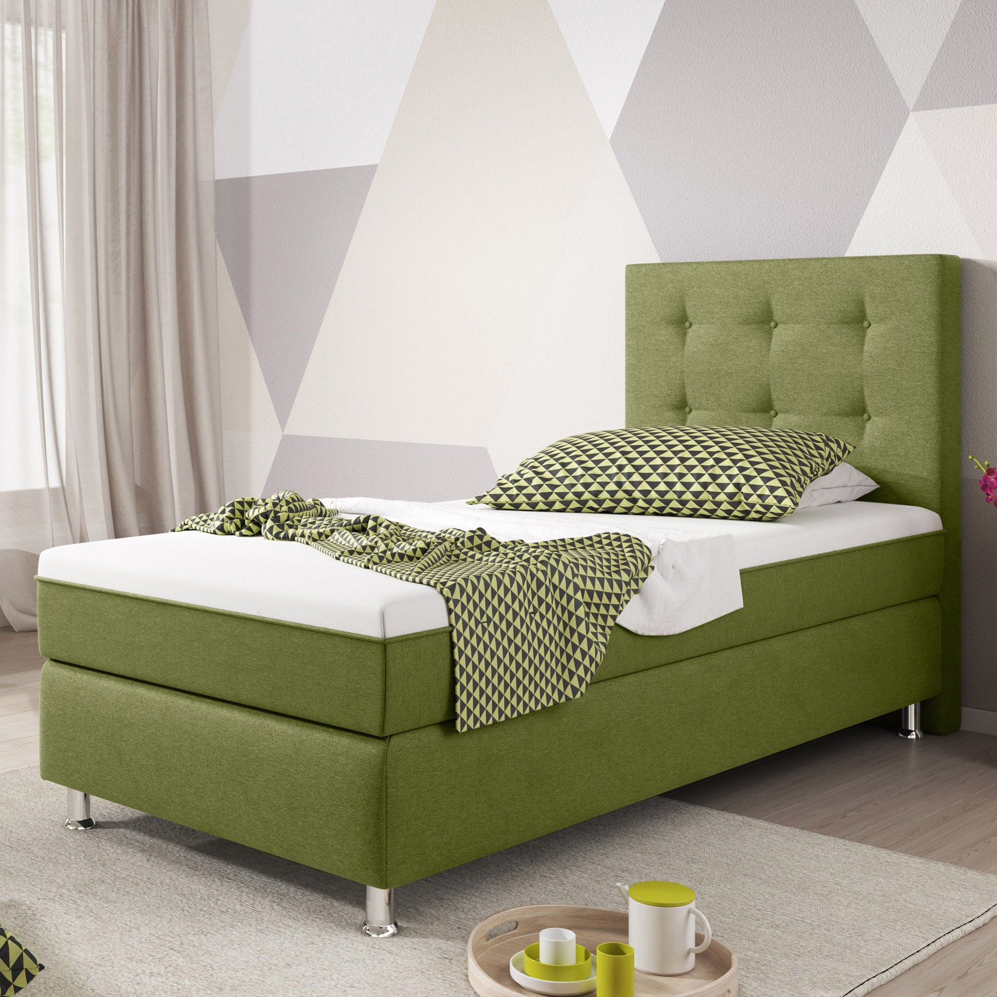 Boxspringbett KN0022 90x200 cm Webstoff Grün mit Topper-Optik - Interbed