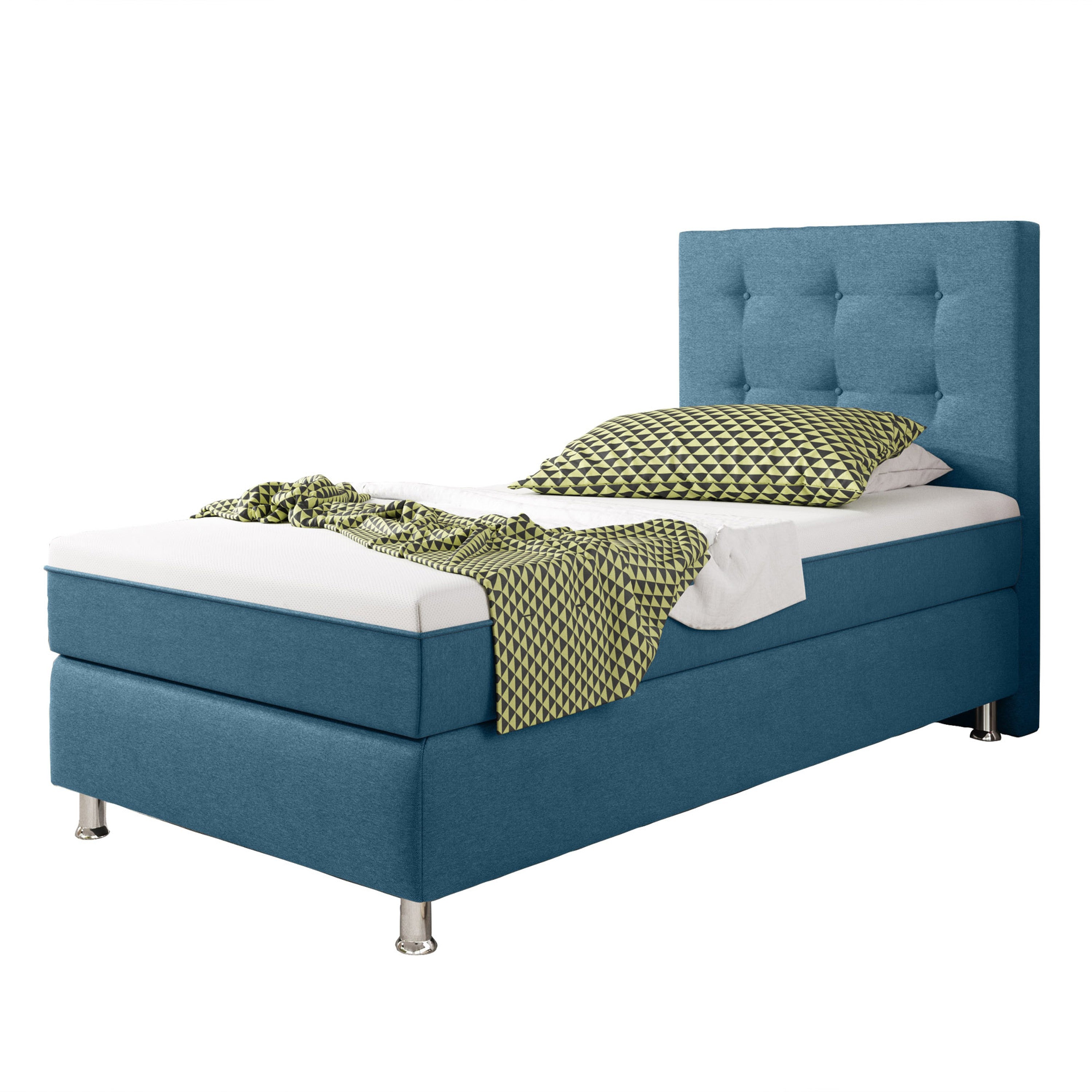 Boxspringbett KN0023 90x200 cm Webstoff Blau mit Topper-Optik - Interbed