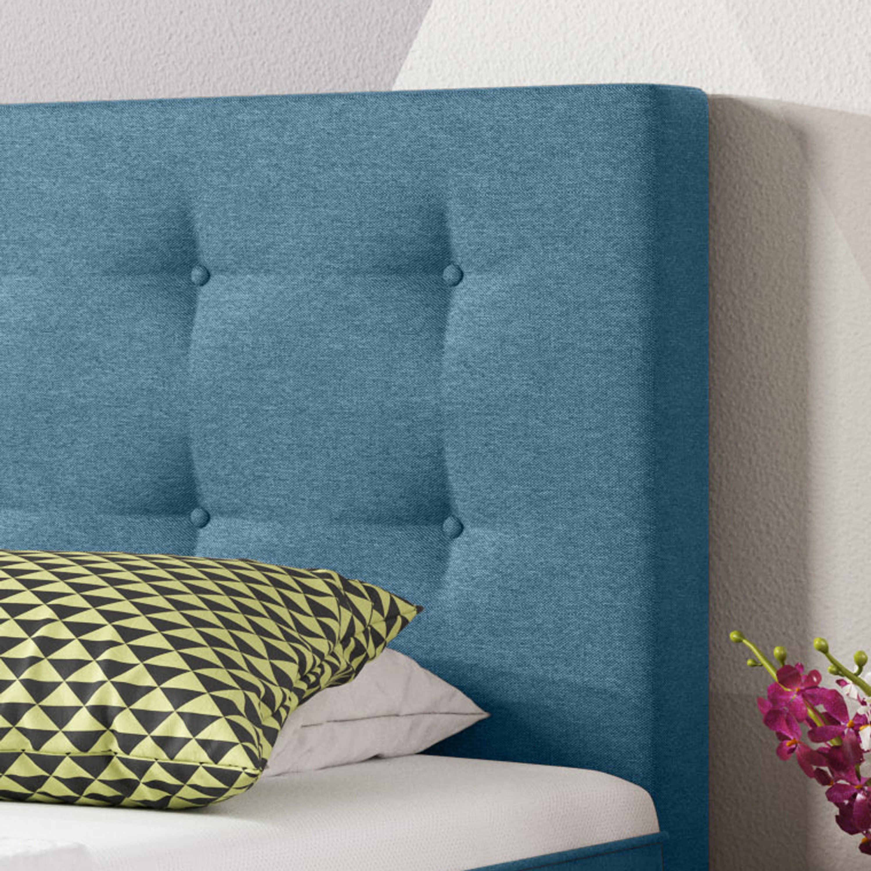 Boxspringbett Köln Plus 90x200 cm Webstoff Blau mit Topper-Optik
