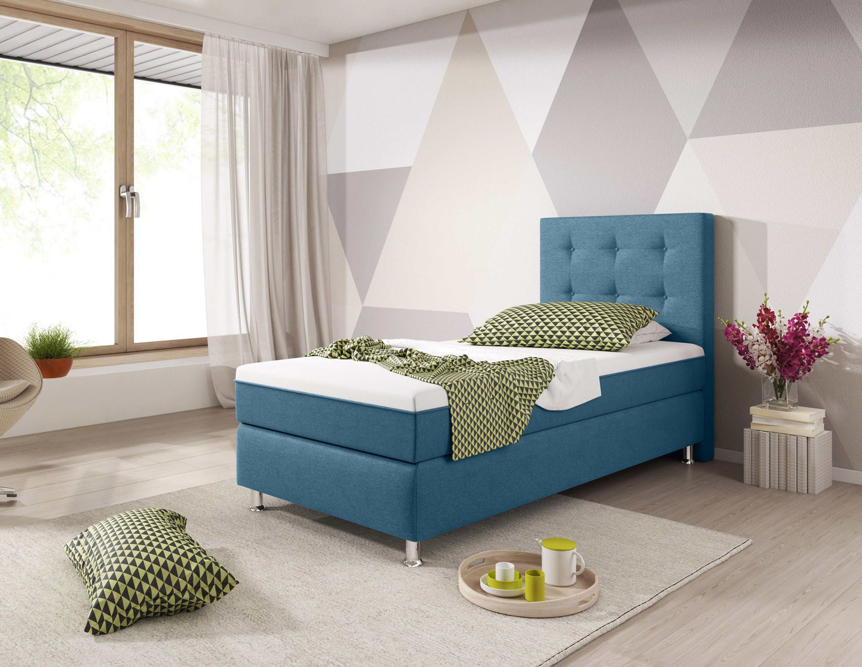 Boxspringbett Köln Plus 90x200 cm Webstoff Blau mit Topper-Optik