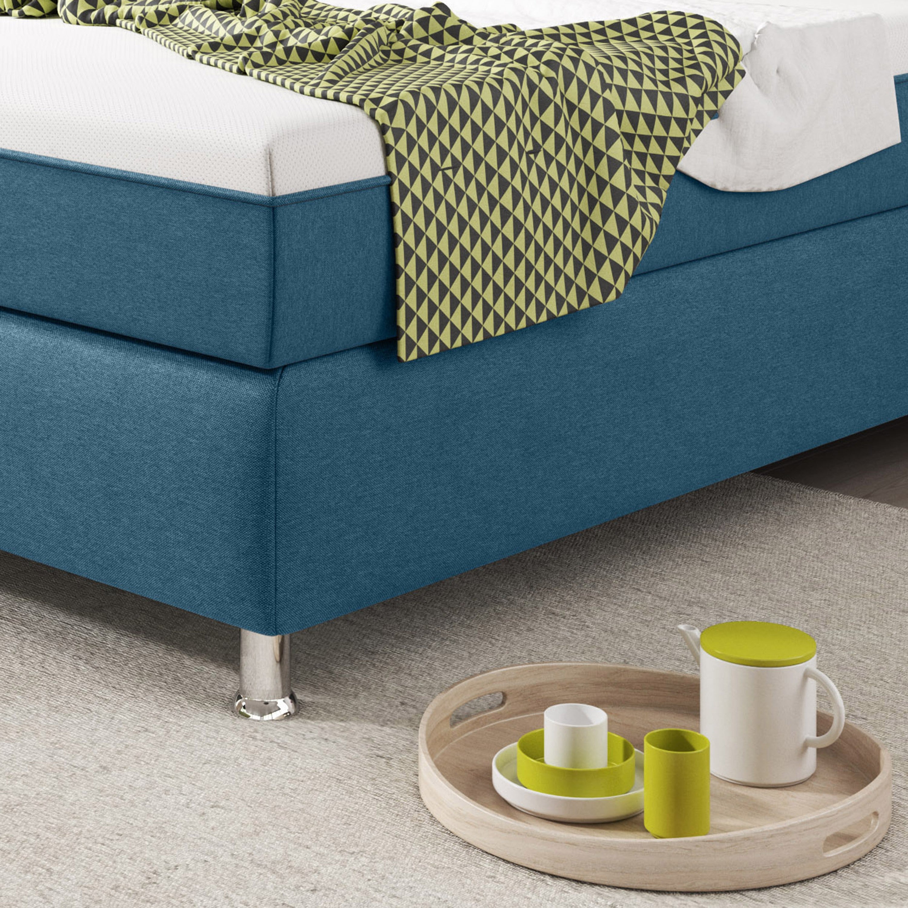 Boxspringbett Köln Plus 90x200 cm Webstoff Blau mit Topper-Optik