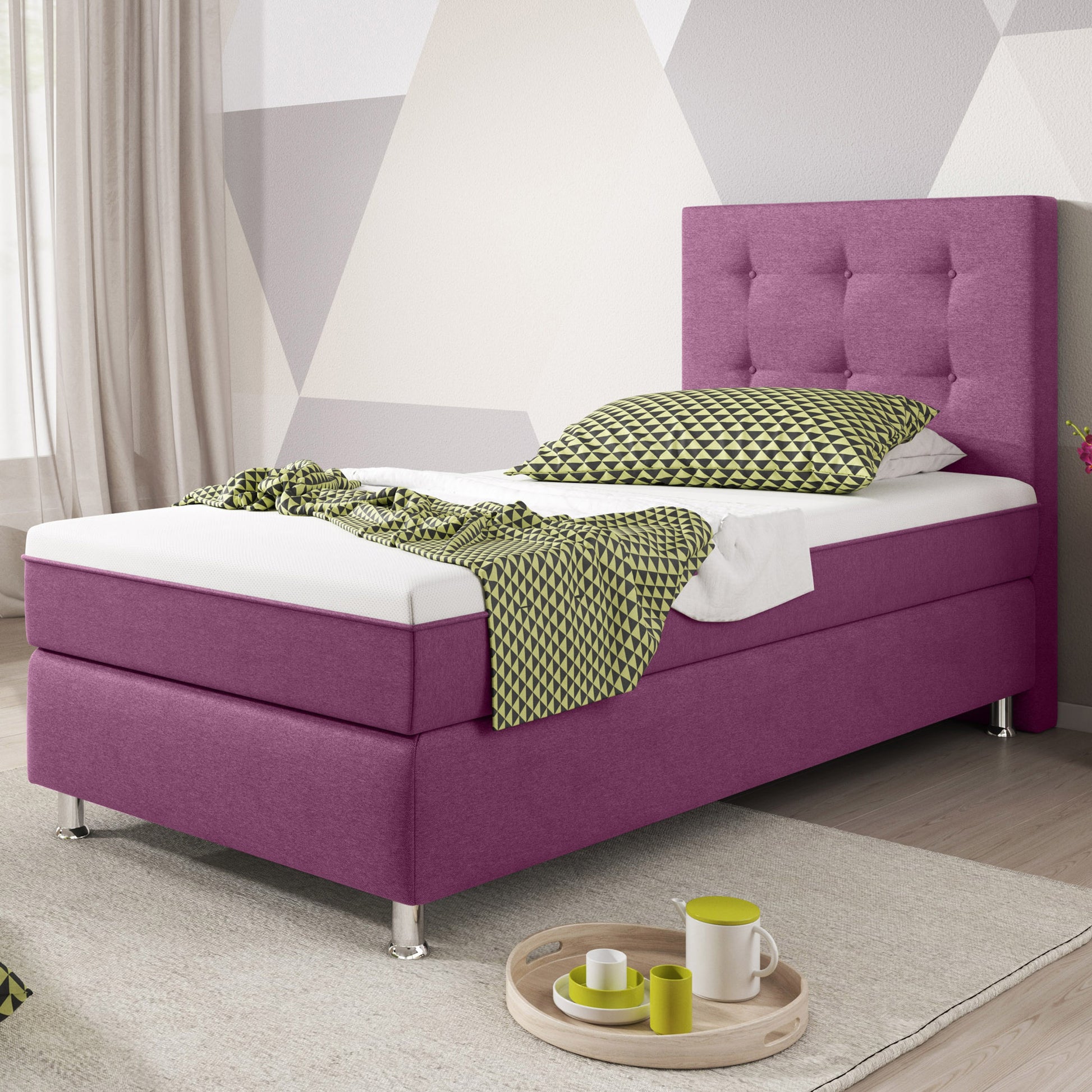 Boxspringbett KN0024 90x200 cm Webstoff Pink mit Topper-Optik - Interbed